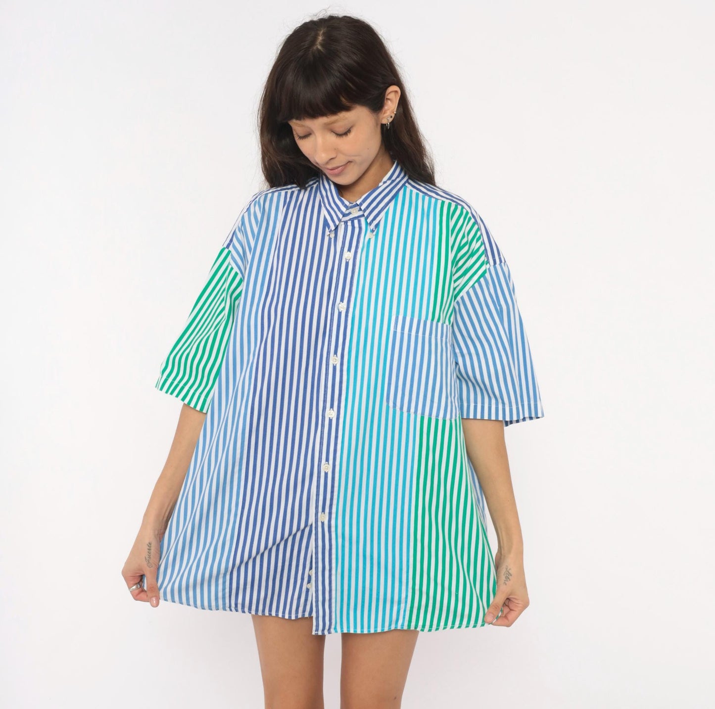 90s Van Heusen Multi-Stripe Patchwork Cotton Button-Up Shirt Large L