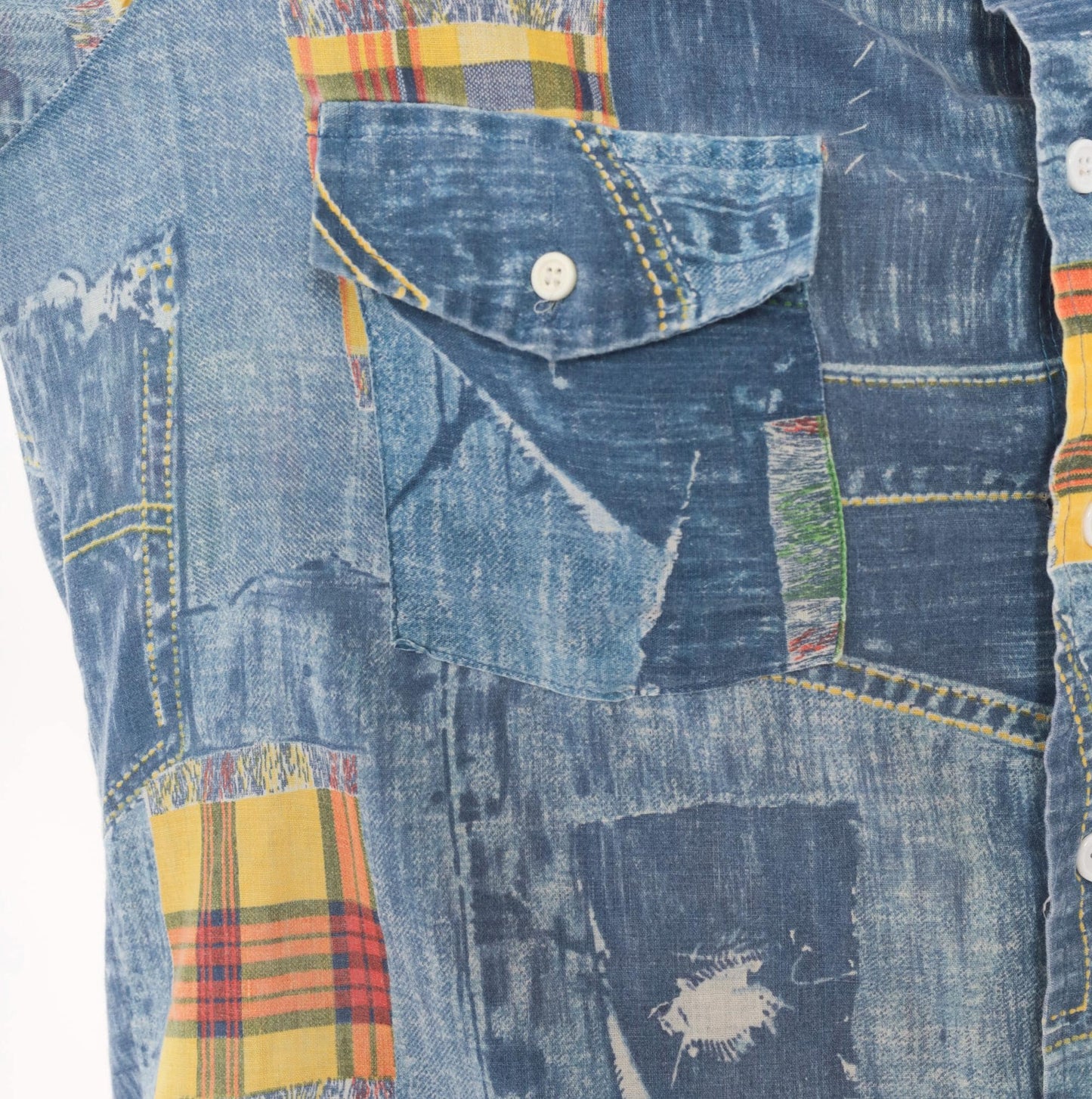 70s Permanent Press Patchwork Denim Print Shirt Madras Plaid Blue Yellow Medium