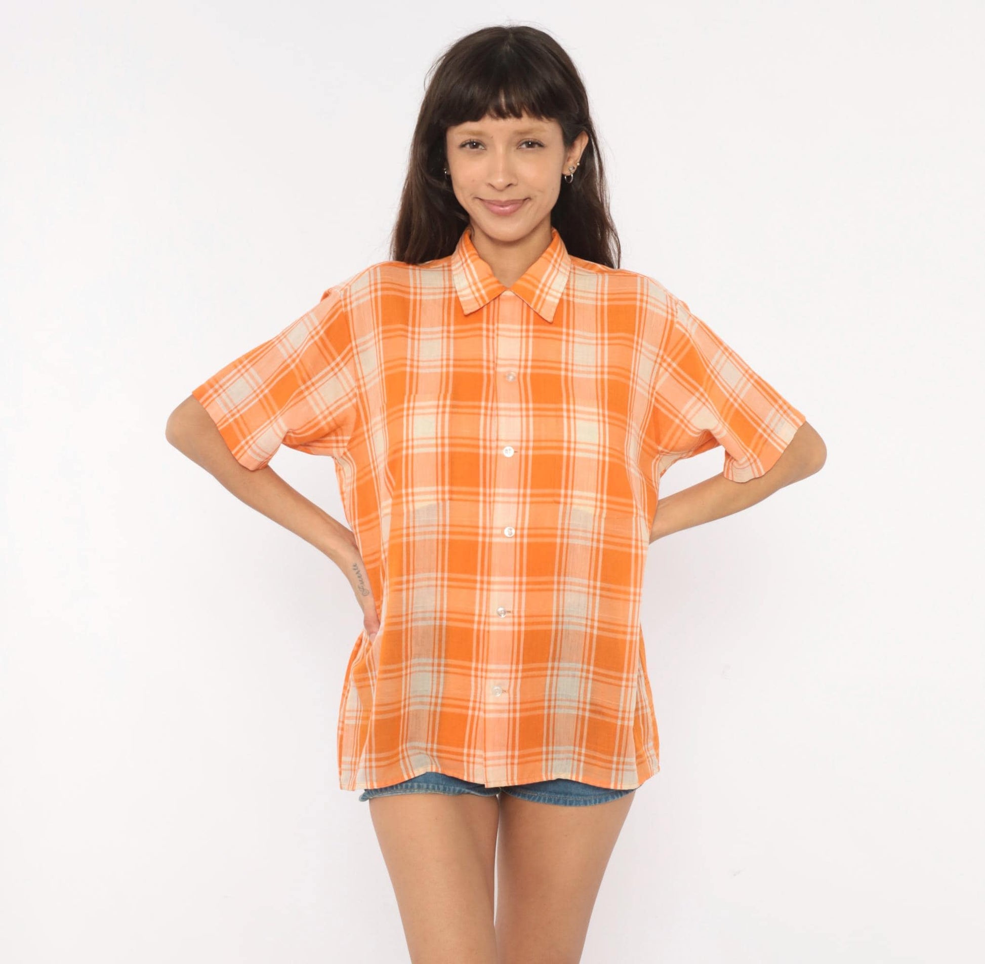 70s Manhattan Docoma Orange Plaid Button-Up Shirt Cream Check Short Sleeve Medium
