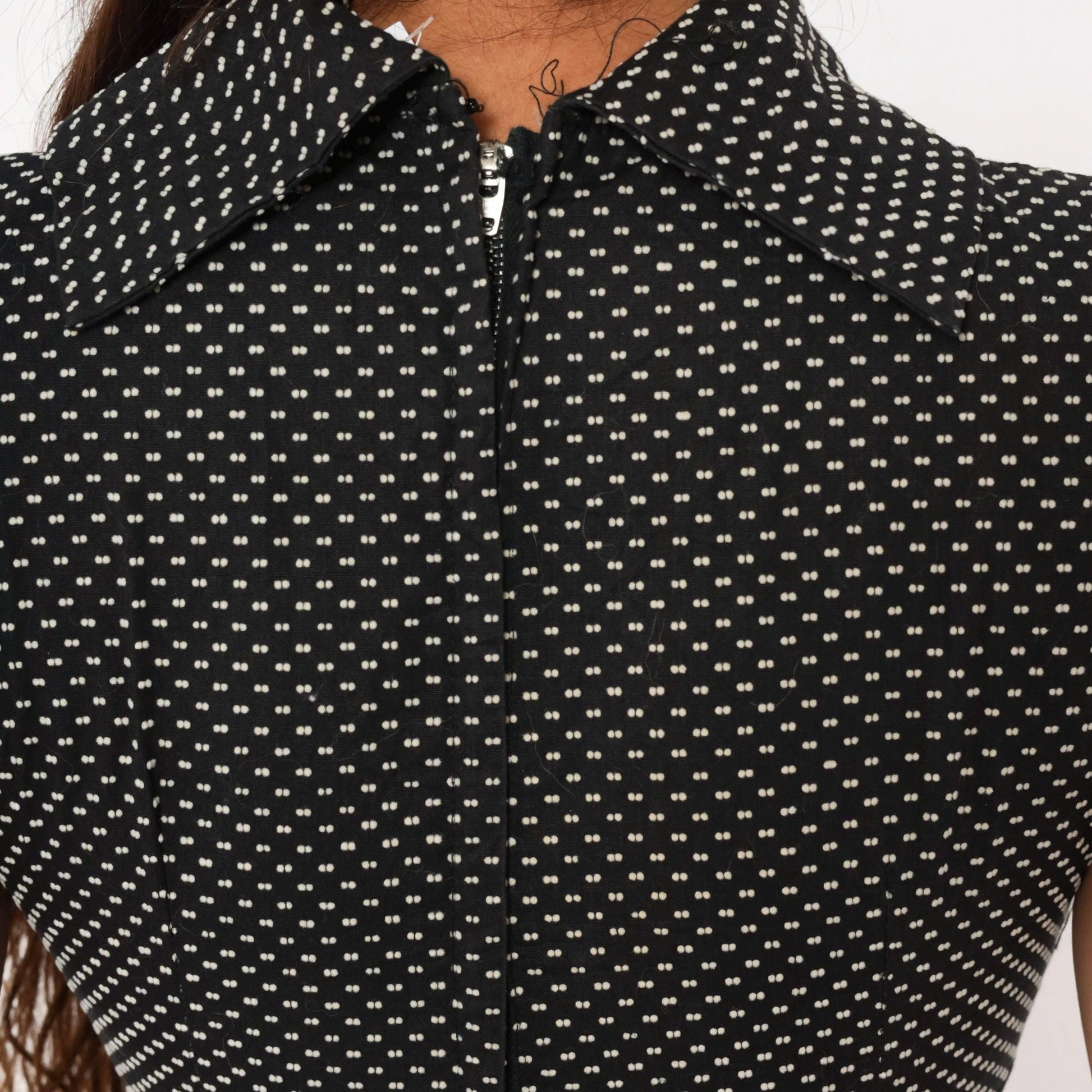 60s Mod Mini Dress Black White Polka Dot Mock Neck Fit Flare Cotton Extra Small
