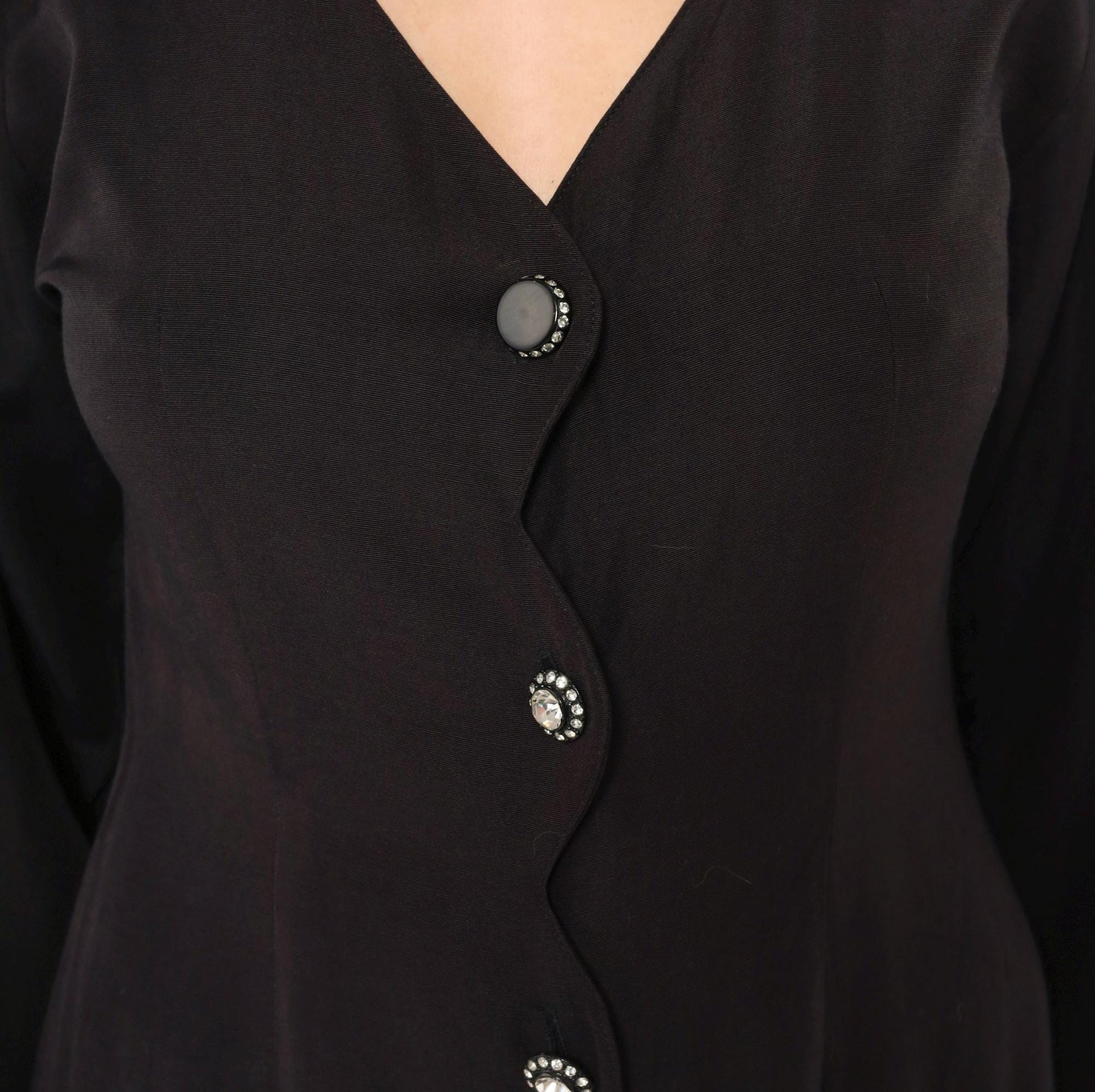 90s La Belle Black Mini Dress V-Neck Rhinestone Buttons Long Sleeve Medium M