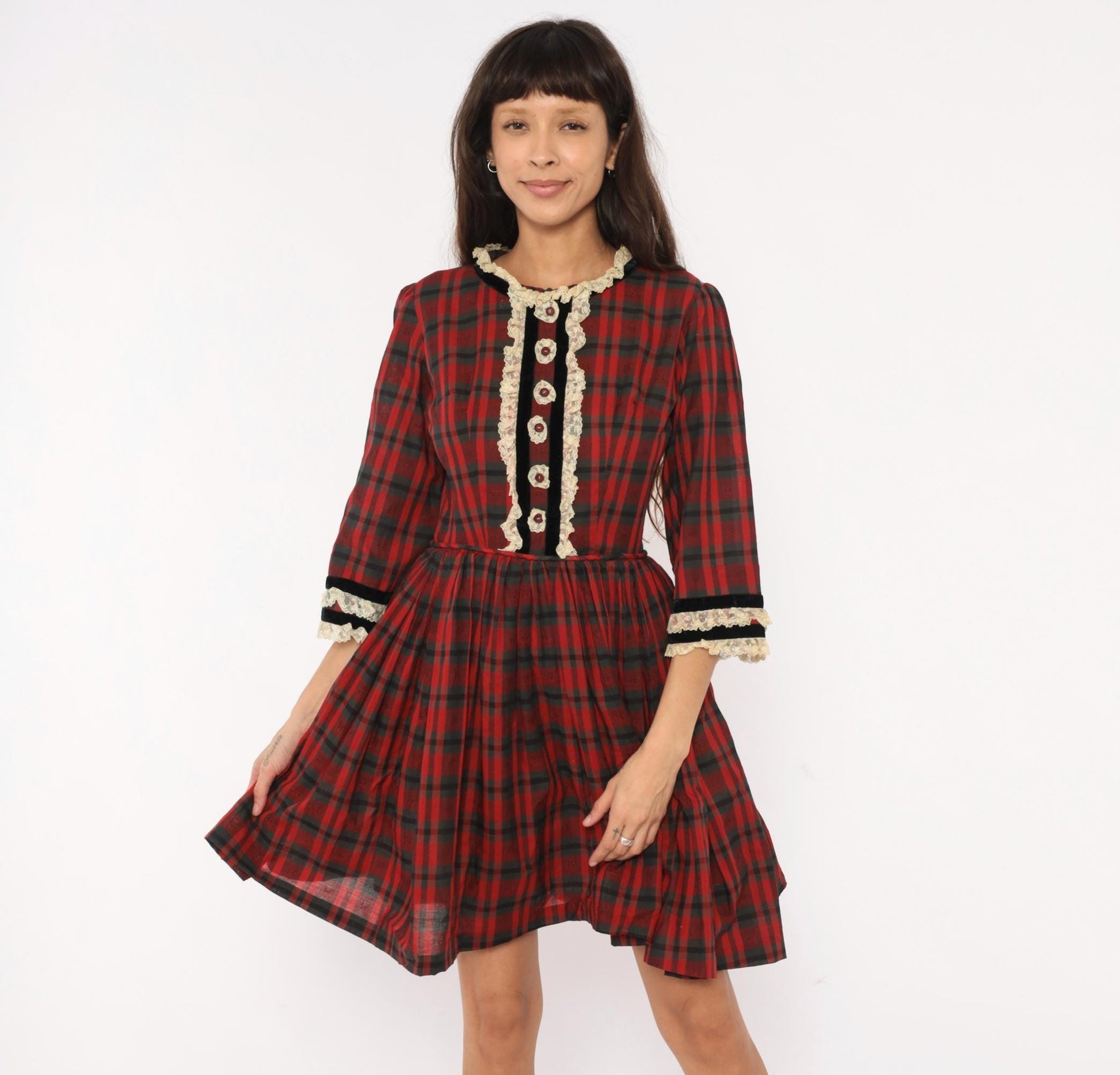 1960s Red Black Plaid Mini Dress Puff Sleeve Lace Trim Cotton Small S