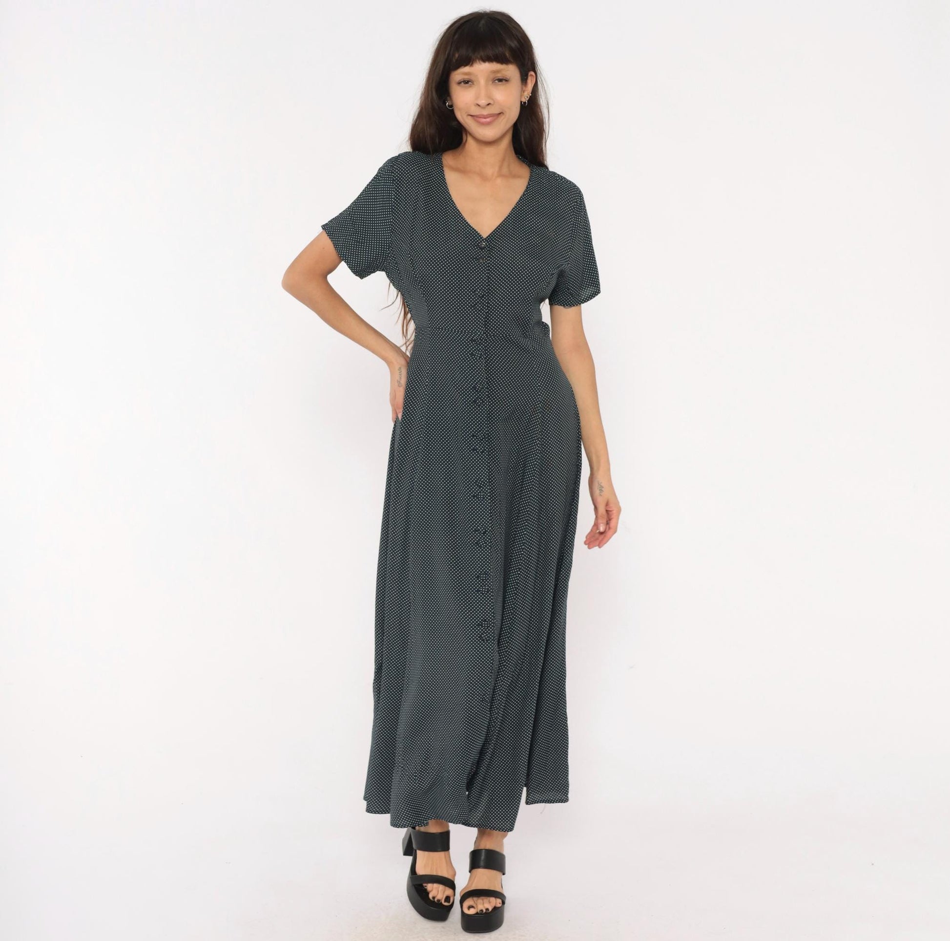 90s New York Style Navy Polka Dot Maxi Dress Button Front Flutter Sleeve Large L