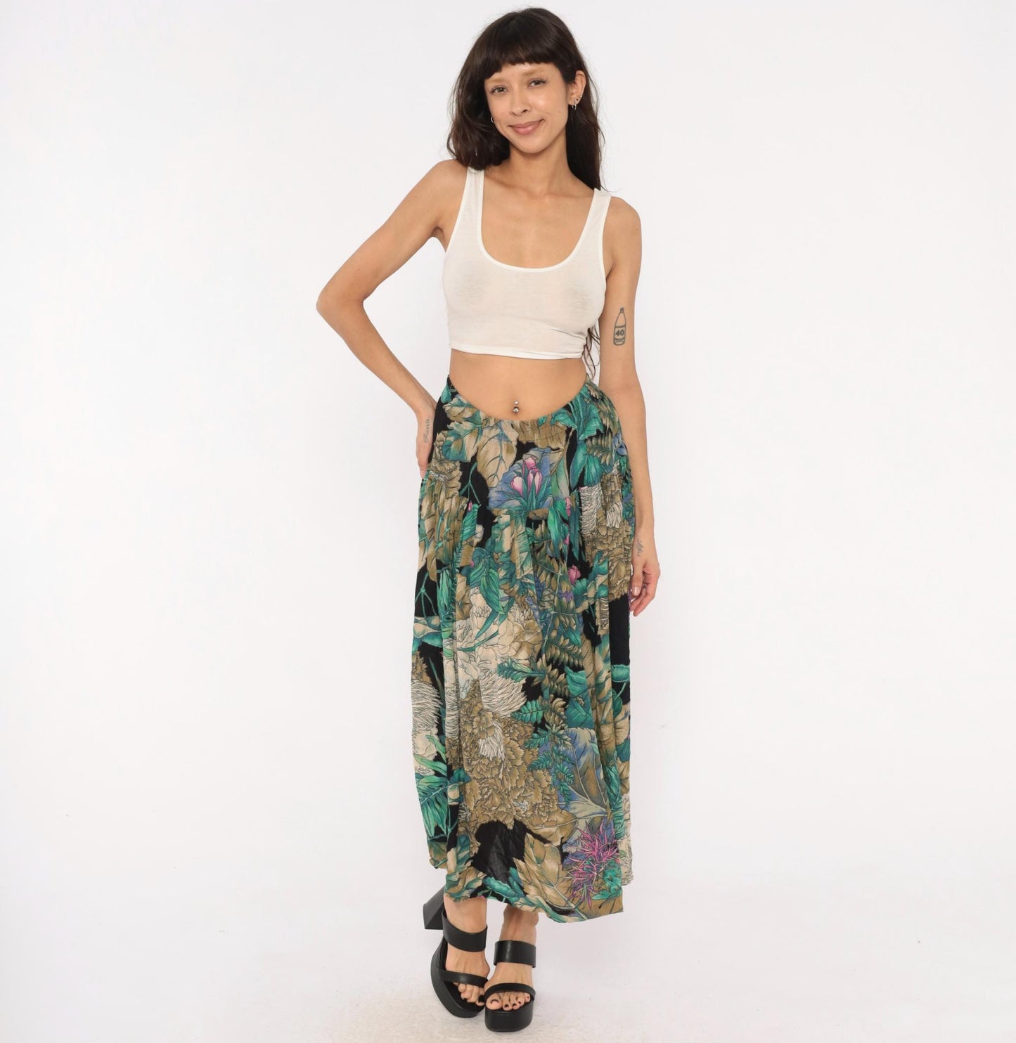 90s Karen Kane Tropical Botanical Midi Skirt Teal Olive Black Medium M