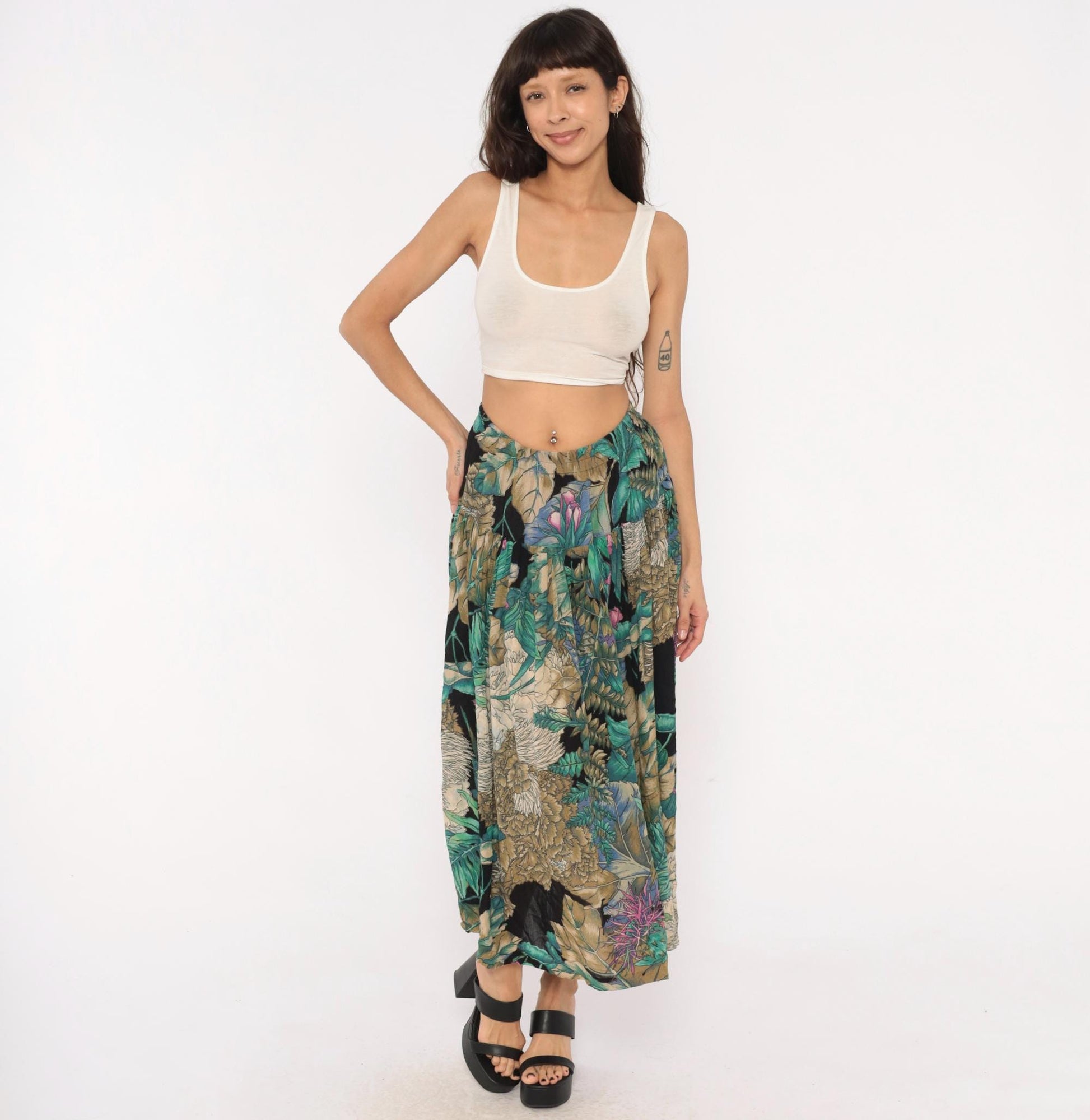 90s Karen Kane Tropical Botanical Midi Skirt Teal Olive Black Medium M