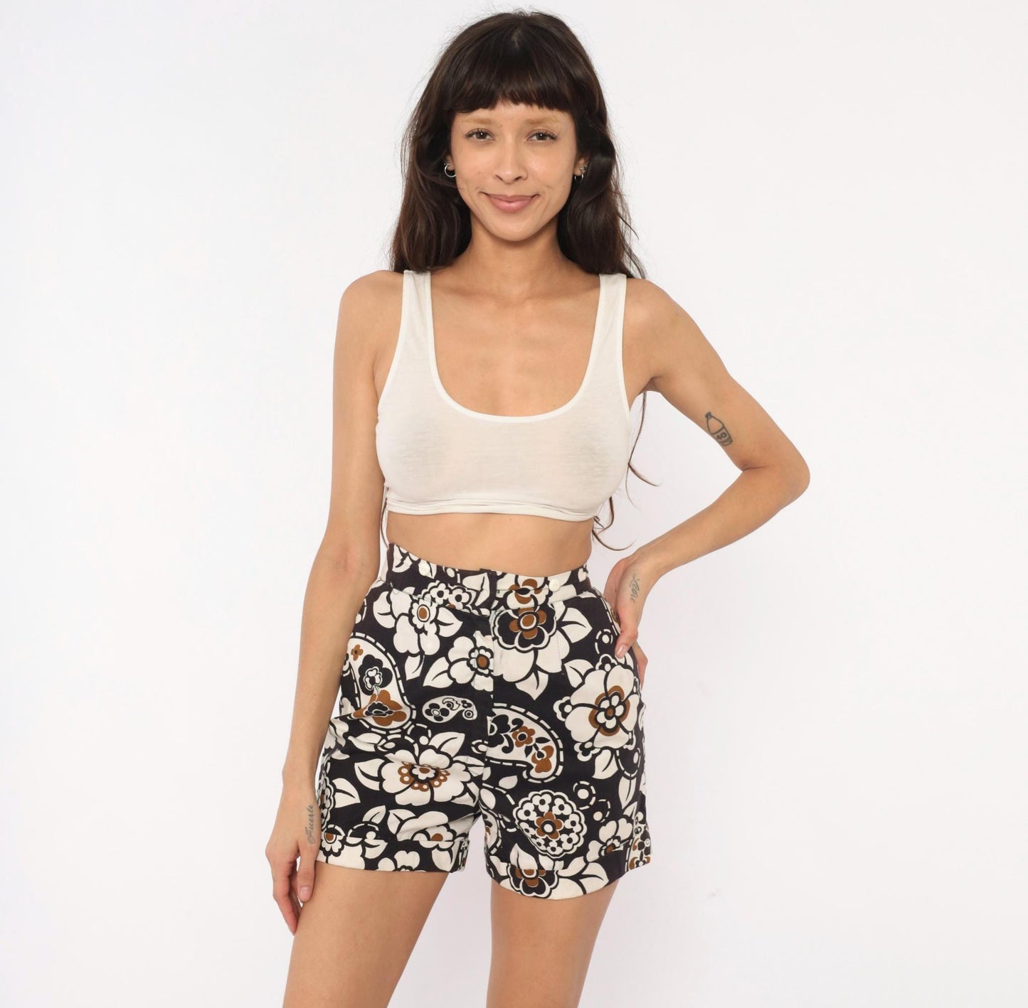 60s Floral Paisley High-Waisted Shorts Cotton Black Cream Brown Mod Extra Small XS