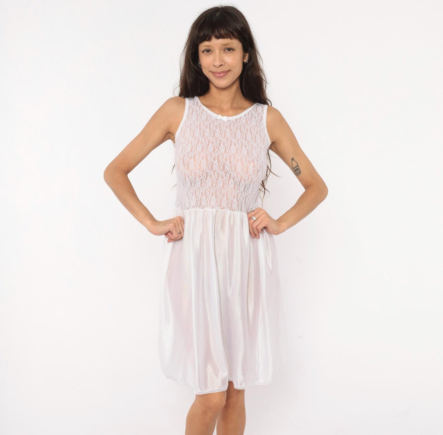 80s Copper Key White Lace Babydoll Slip Dress Satin Bow Nightgown Small