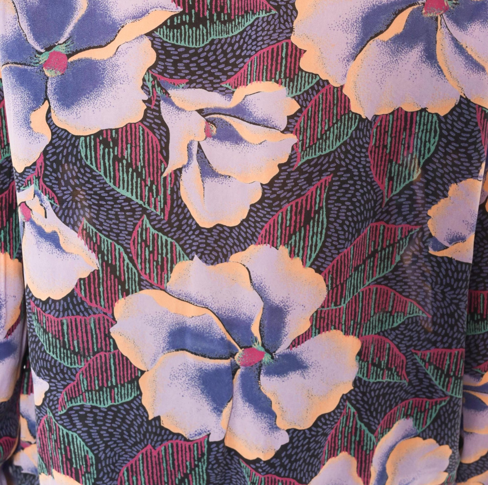80s In Gear Ltd Tropical Hibiscus Tie-Neck Blouse Purple Lavender Teal Medium