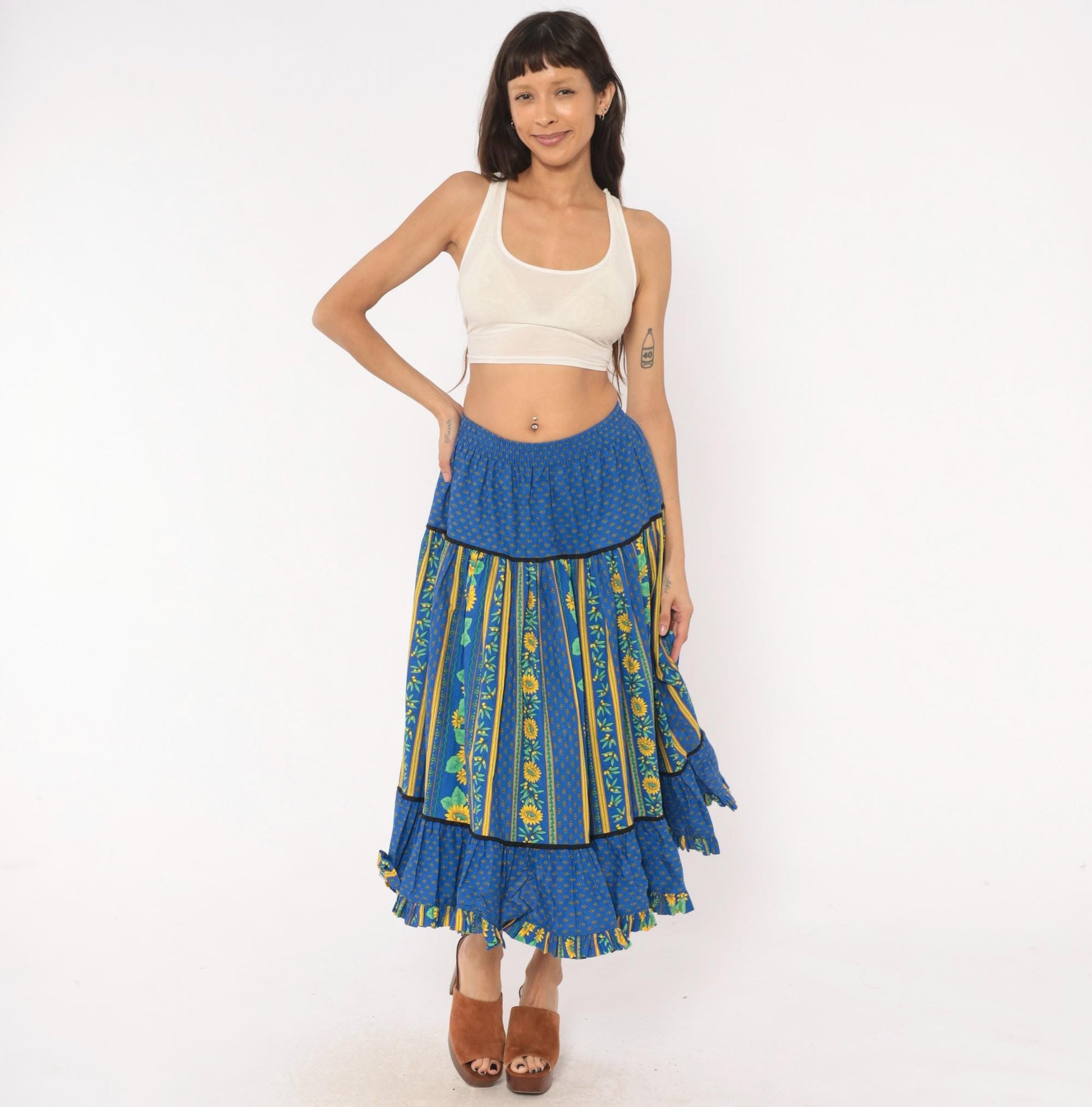 90s Solymod Sunflower Tiered Midi Skirt Blue Cotton Ruffle Small