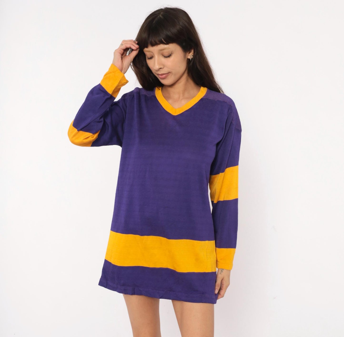70s Purple Gold Striped V-Neck Pullover Jersey Long Sleeve Small