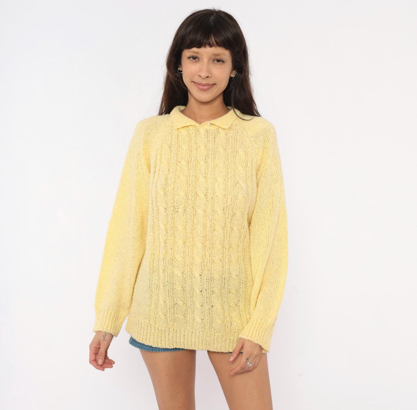 80s Miranda Cable Knit Polo Sweater Yellow Collared Pearl Button Large L