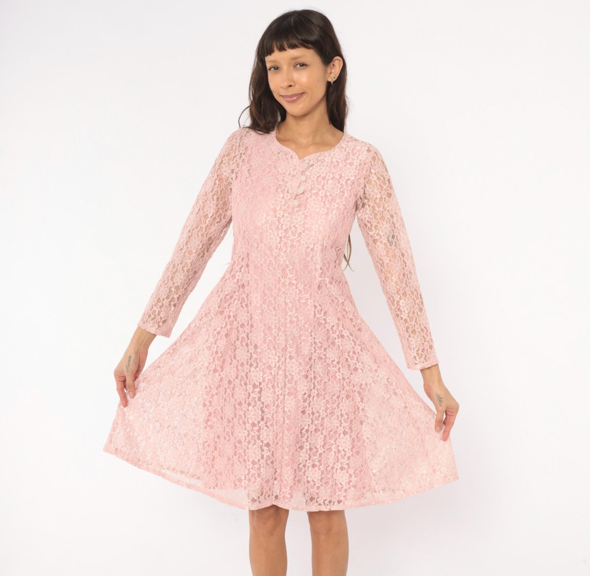 90s Allison Ann Blush Floral Lace Dress Button Front Corset Back Large L