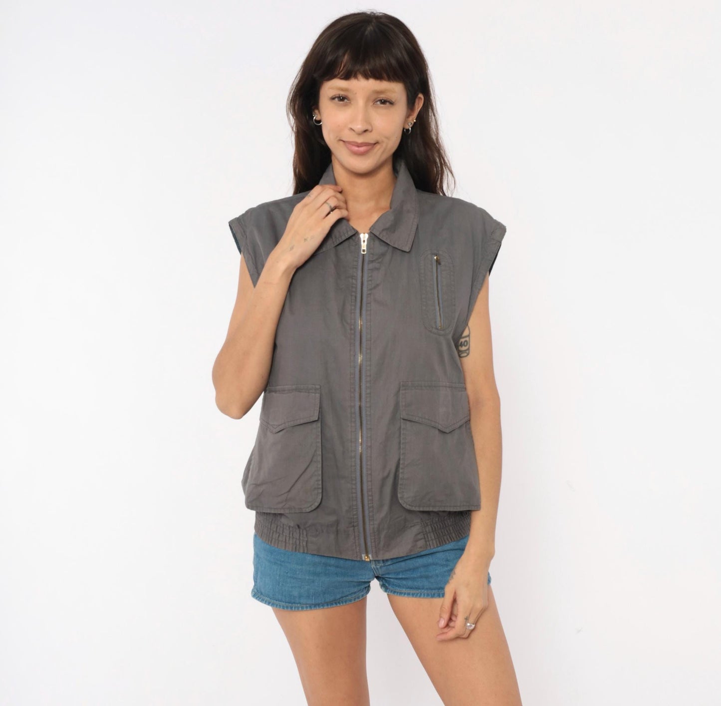 80s Fog Cutter Grey Utility Vest Cotton Zip Cargo Pockets Medium