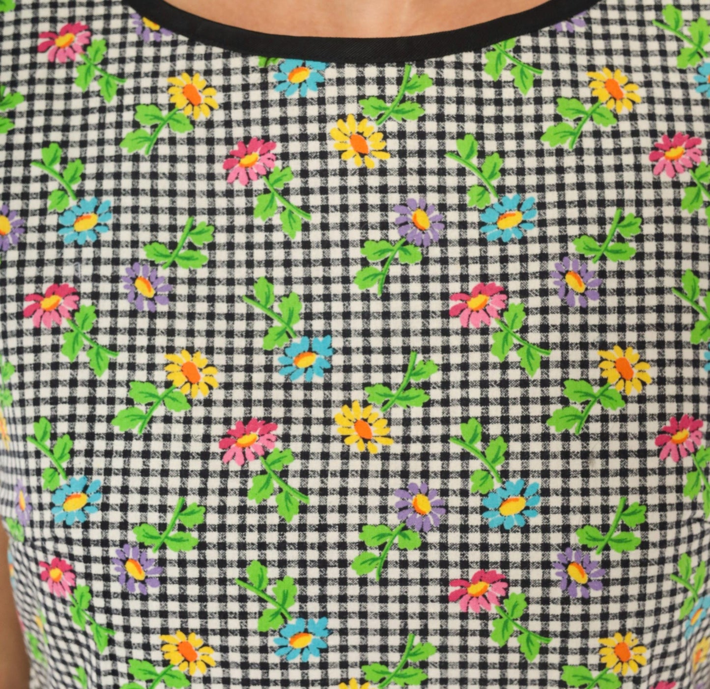 90s Misty Lane Gingham Daisy Shift Dress Cotton Black White Small
