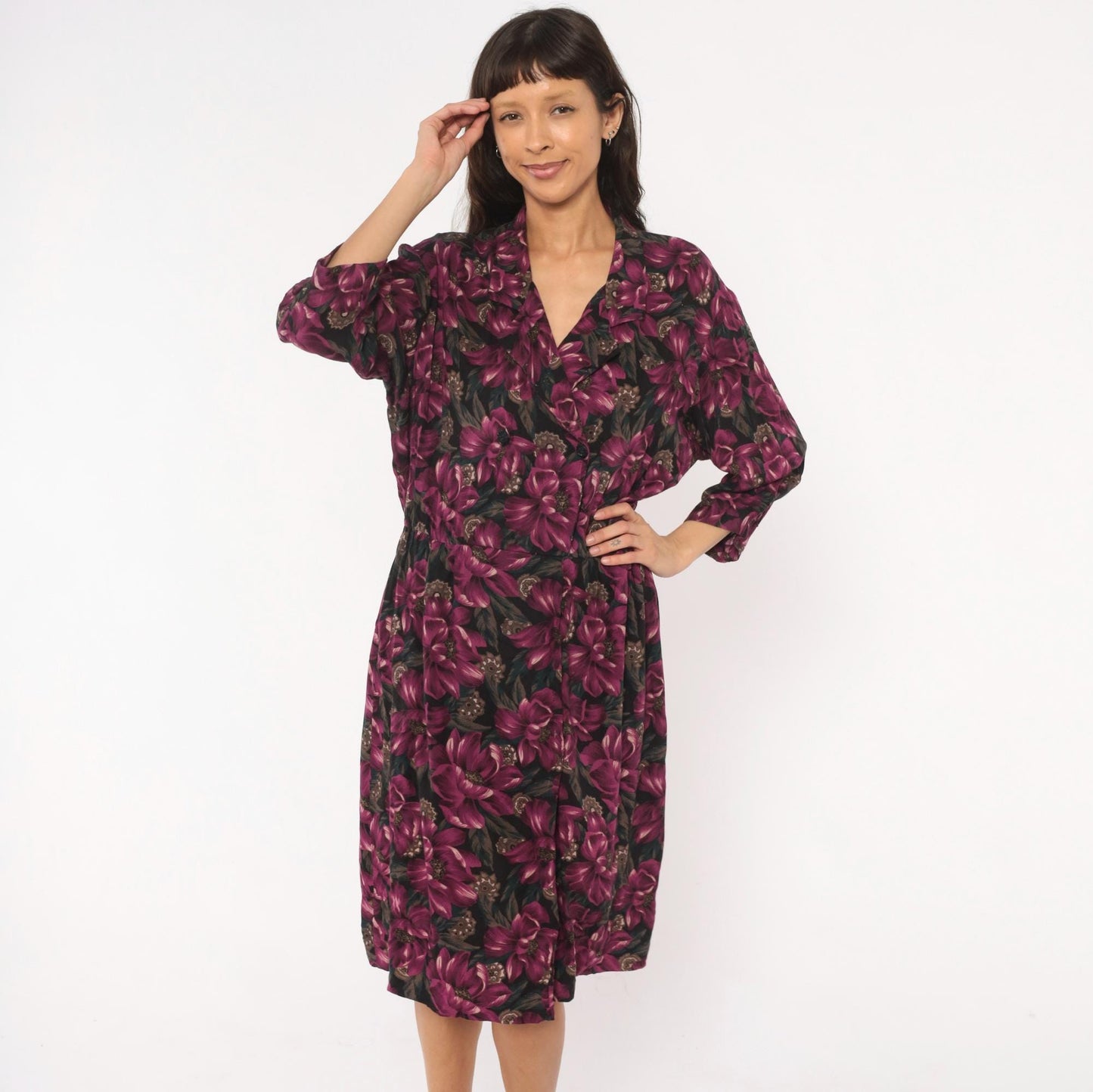 90s Plum Floral Wrap Dress V-Neck Button Front Knee-Length Large