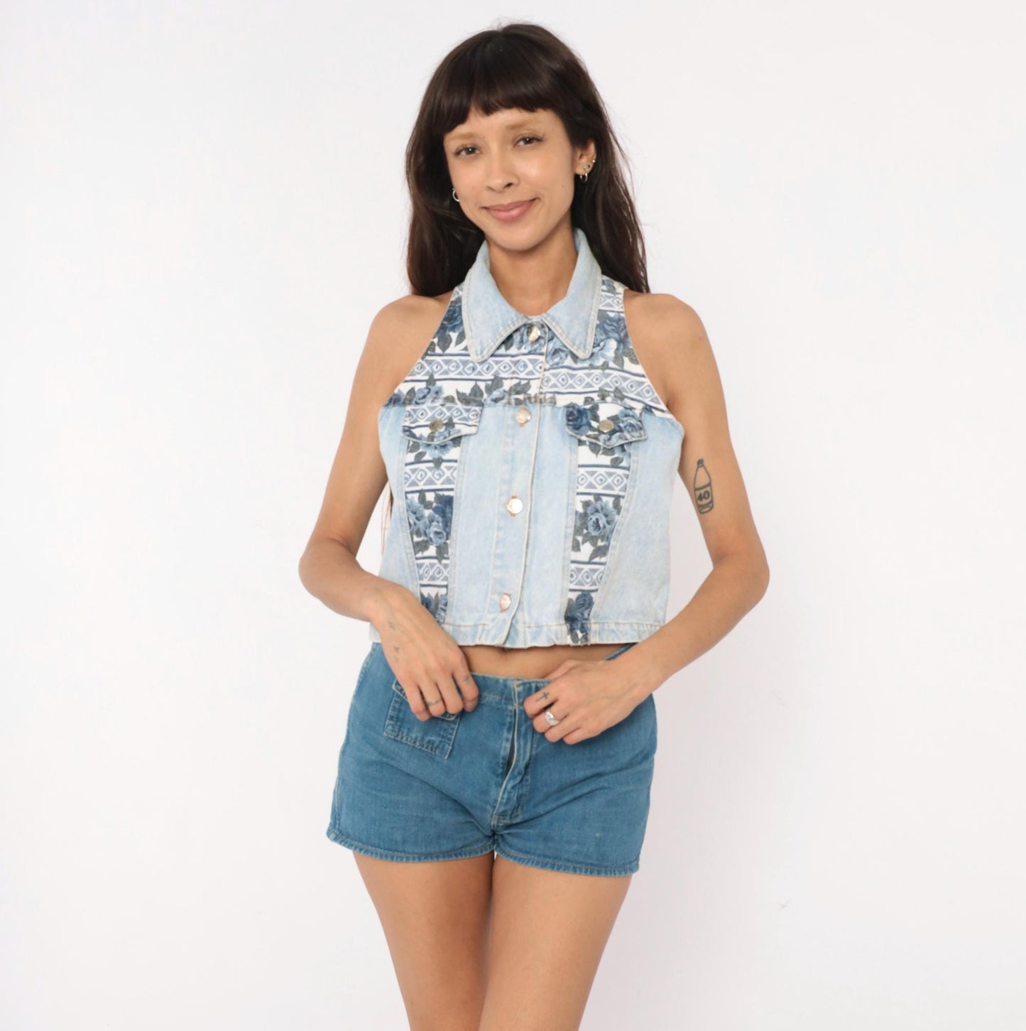 90s Sharnel Denim Vest Cropped Floral Lace-Up Back Light Wash Small