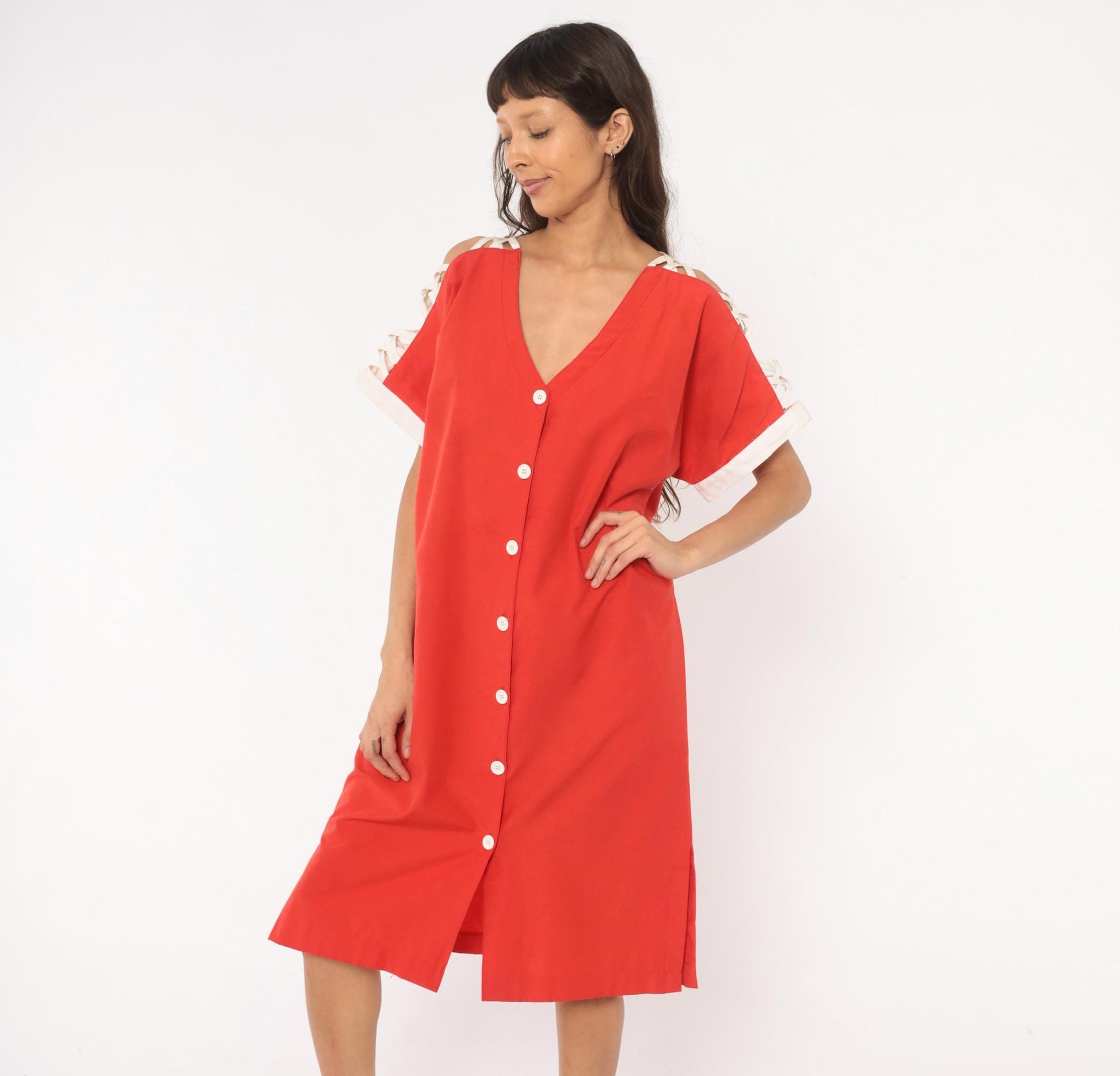 80s Act I Red Cotton Dress V-Neck Criss-Cross Cold Shoulder Large L