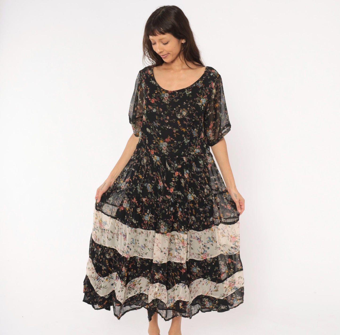 90s Bila Black Floral Maxi Dress Tiered Patchwork Short Sleeve Large L