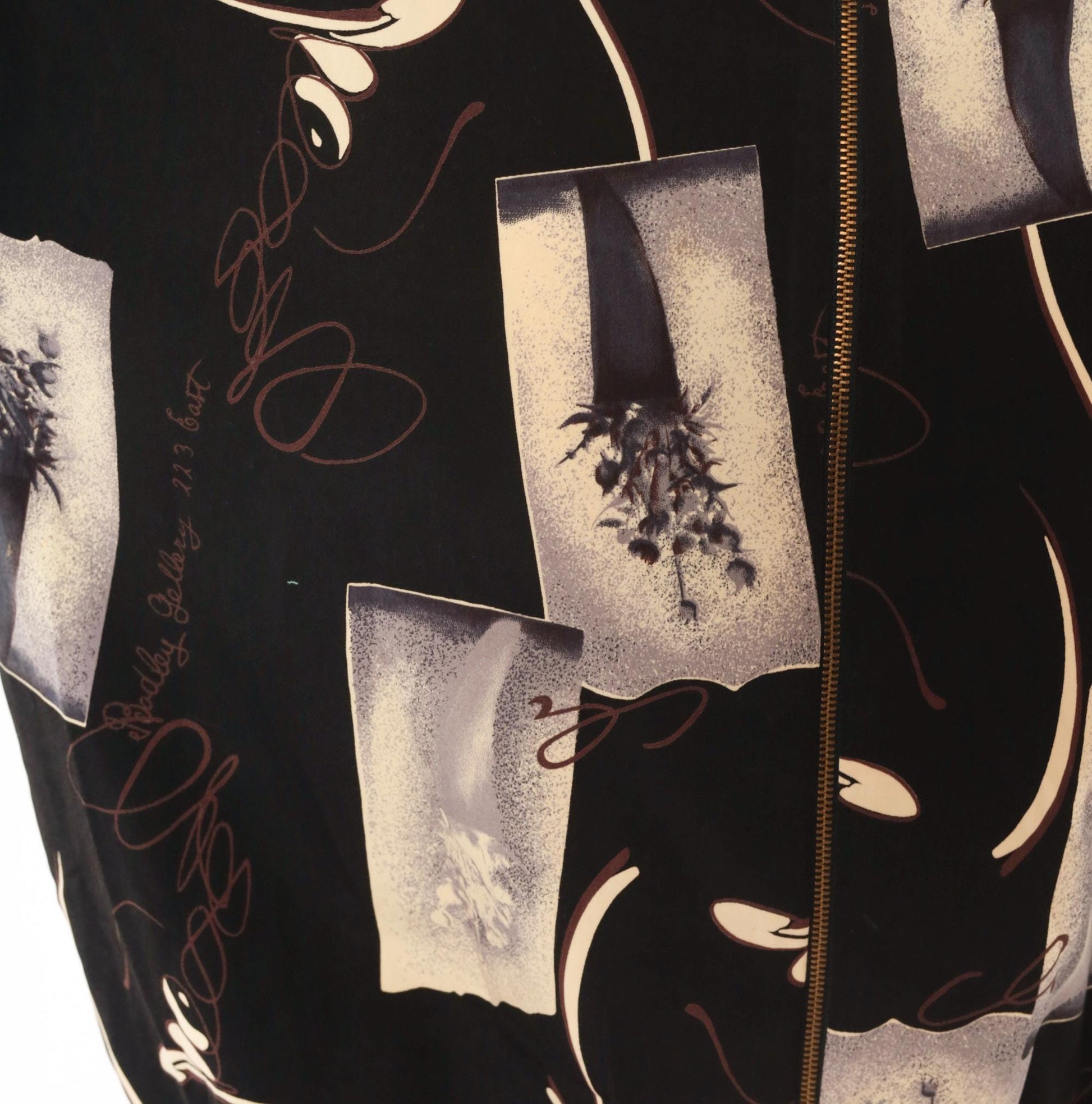 90s Kensington Square Bomber Jacket Black Cream Floral Vase Graphic Large