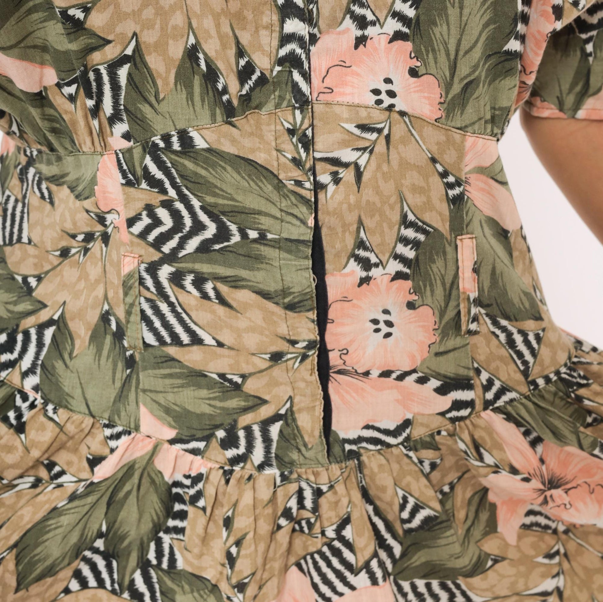 90s Tropical Hibiscus Shirt Dress Floral Print Drop Waist Snap Front Large L