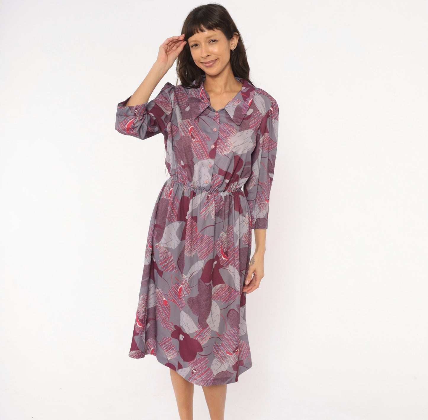 70s Abstract Leaf Floral Button Front Dress Grey Burgundy Knee-Length Medium M