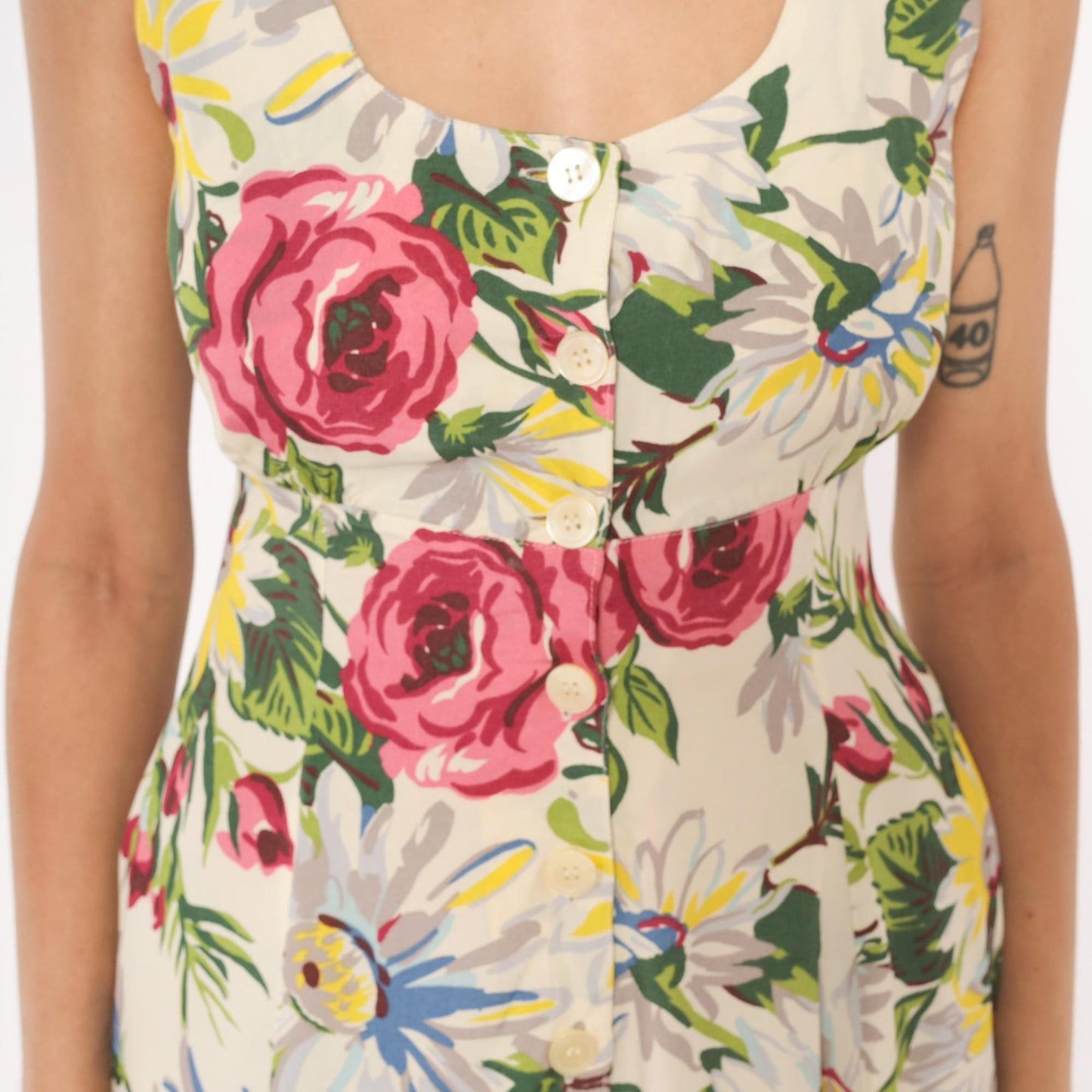 90s Esprit Floral Sundress Rose Daisy Print Button Front Cream Small