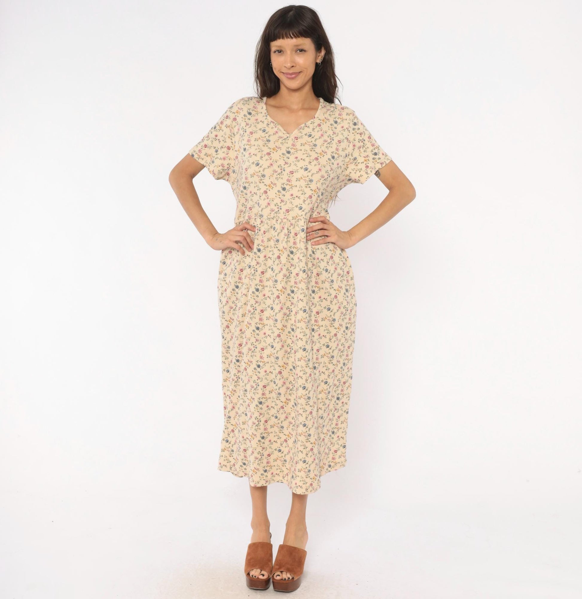 90s Blair Ditsy Floral Maxi Dress Cream Cotton Prairie V-Neck Medium Petite