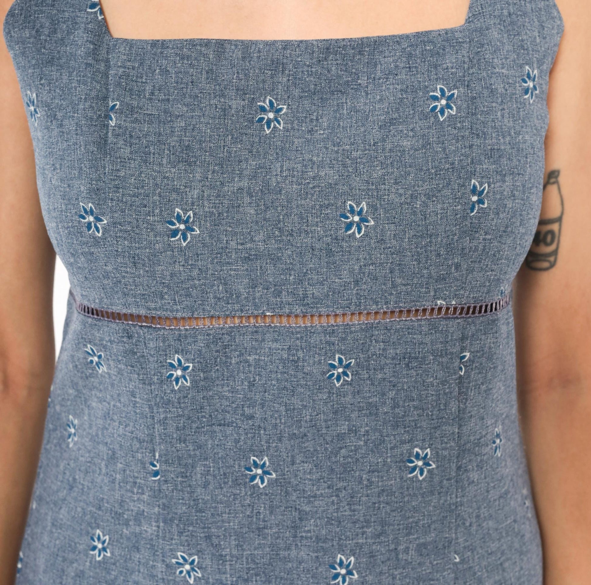 Y2K Alias Blue Chambray Floral Mini Dress Square Neck Spaghetti Strap Small