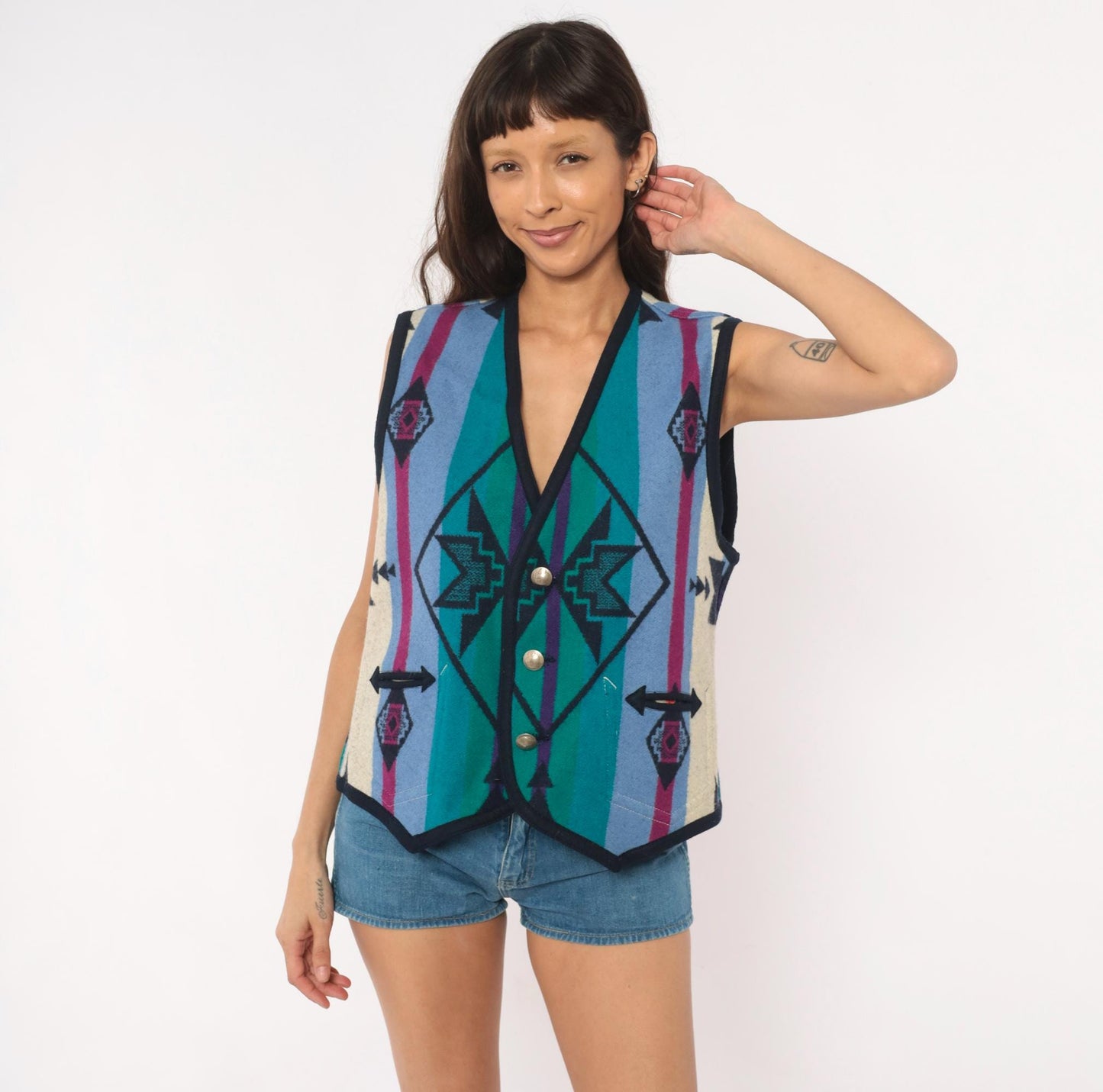 90s Southwestern Wool Vest Navy Geometric Aztec Concho Buttons Large L