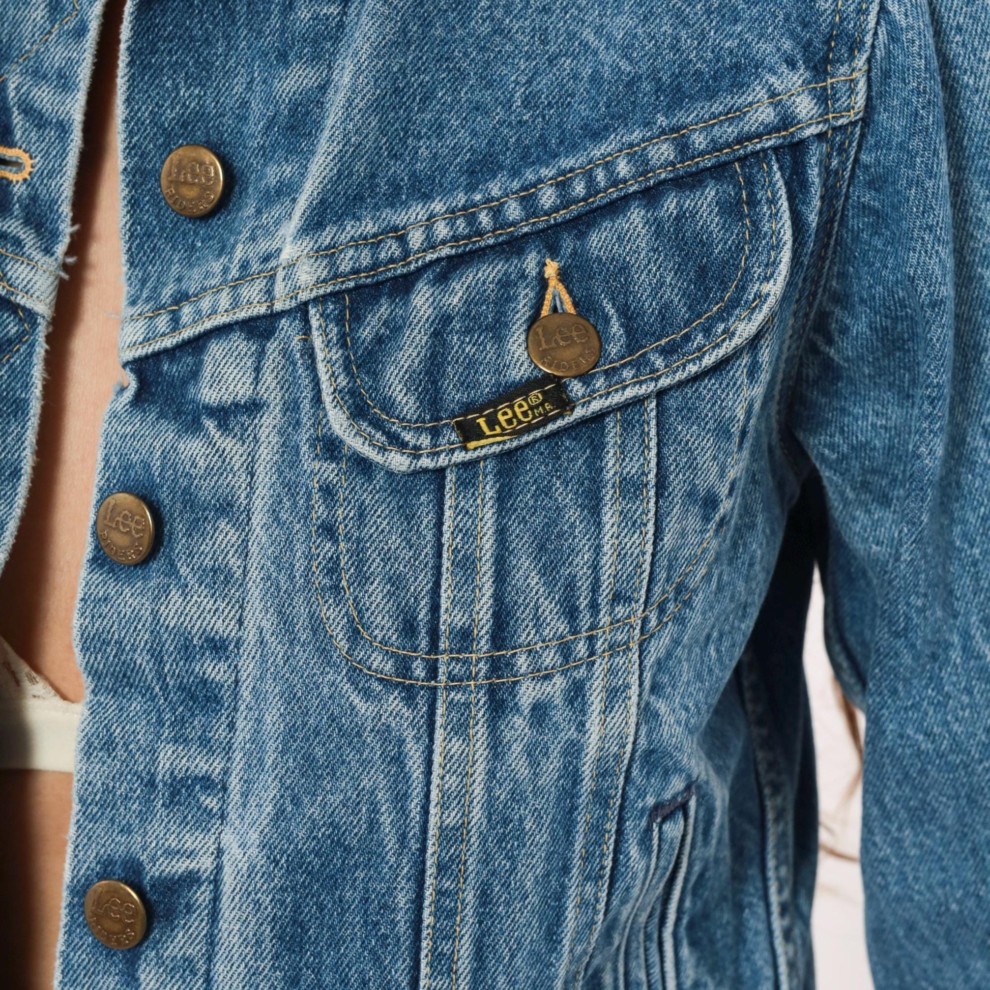 80s Ms Lee Denim Jacket Blue Cropped Trucker Pointed Collar Extra Small XS