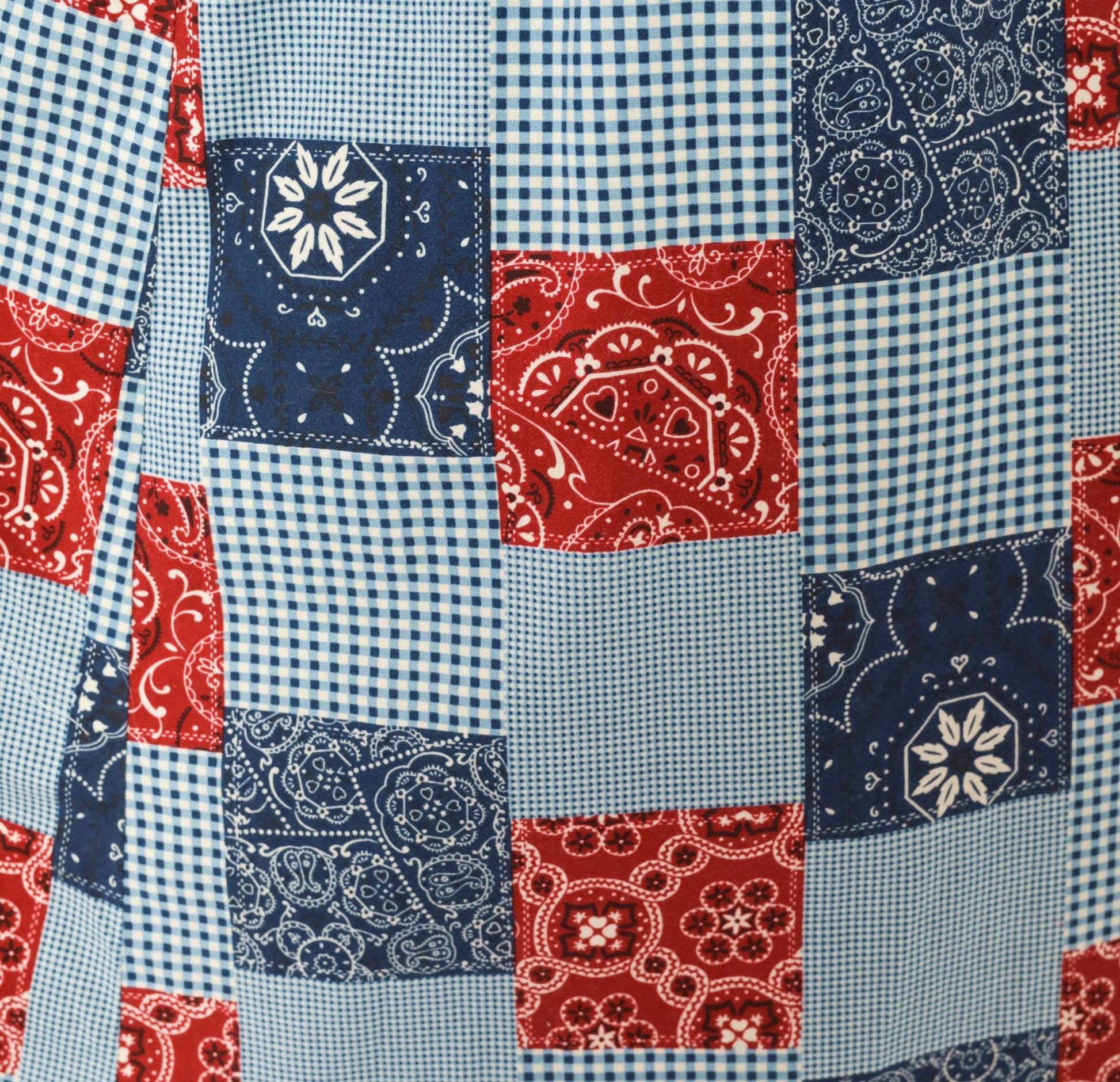 00s Valerie Stevens Patchwork Denim Maxi Dress Bandana Gingham Red Navy Medium