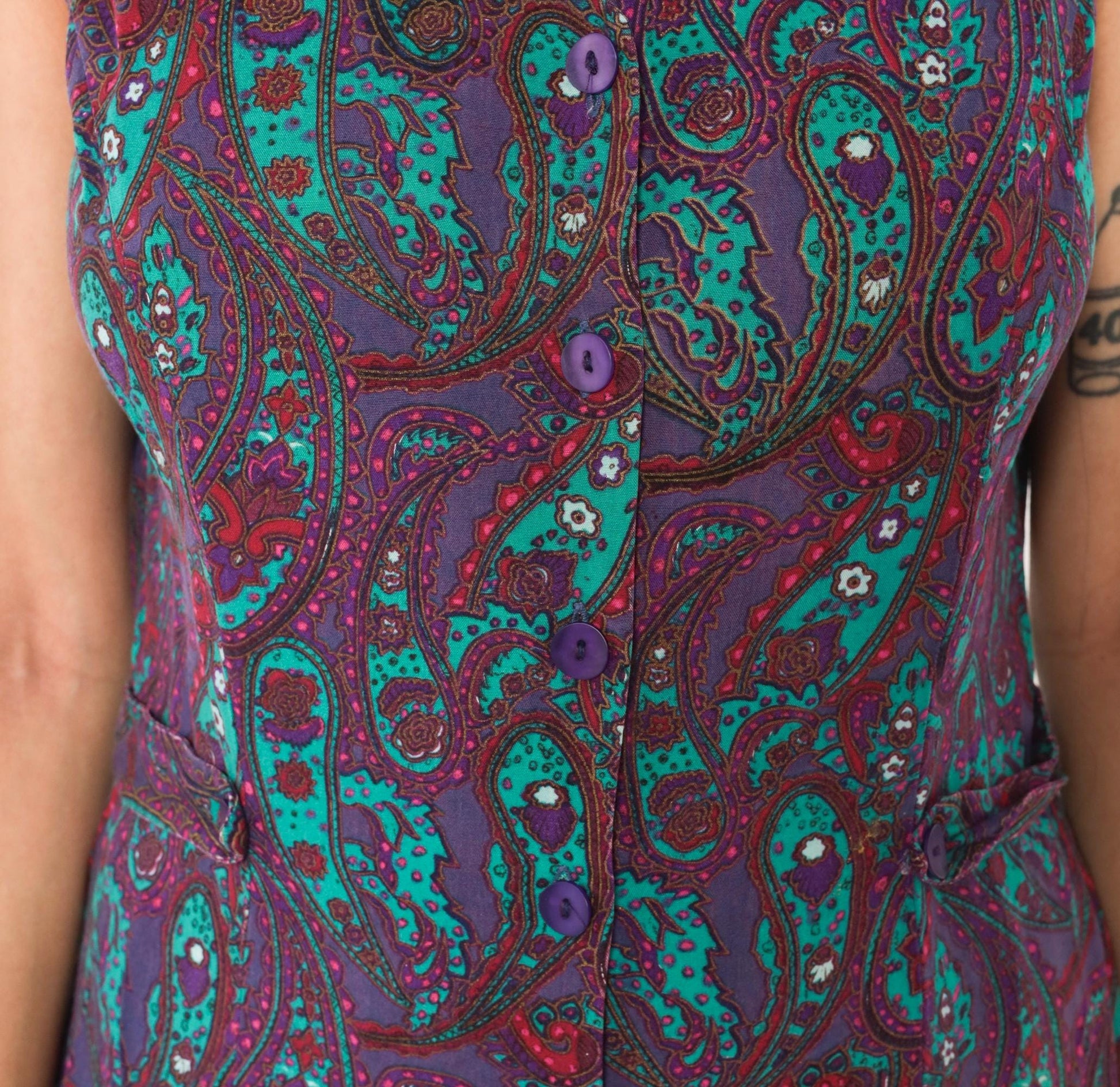 80s Tr Bentley Paisley Floral Dress Purple Teal Button Front Sleeveless Medium