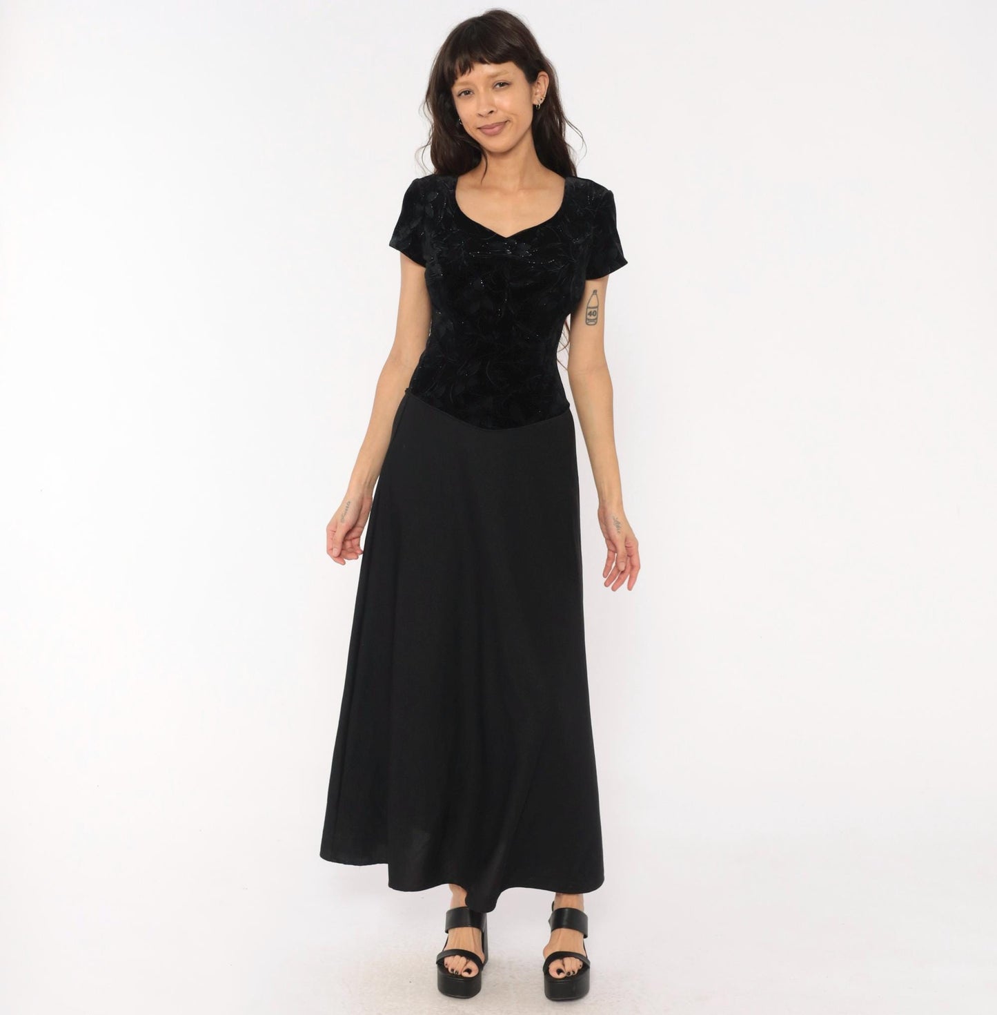 90s Southeastern Velvet Burnout Maxi Dress Black Floral V-Neck Extra Small