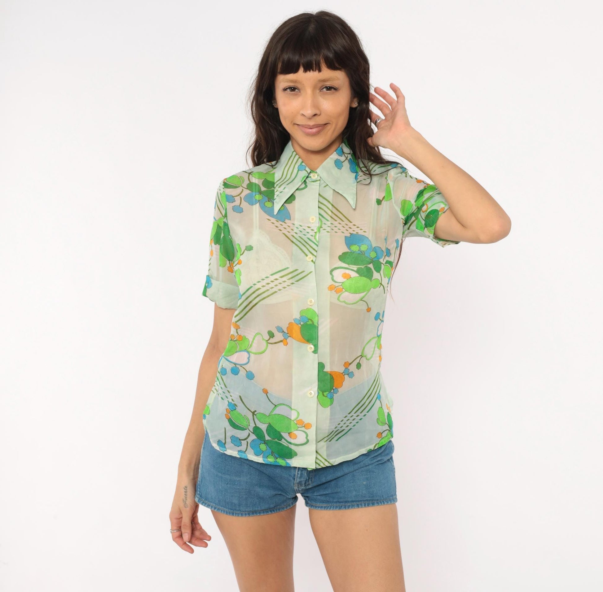 70s Nobel Floral Button-Up Blouse Mint Green Blue Orange Pointed Collar Small