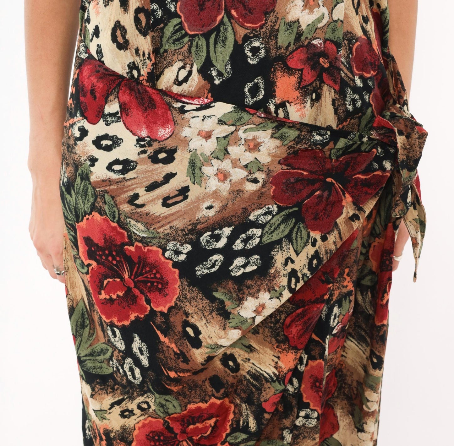 90s Lew Magram Floral Leopard Midi Dress Red Hibiscus Animal Print Large L
