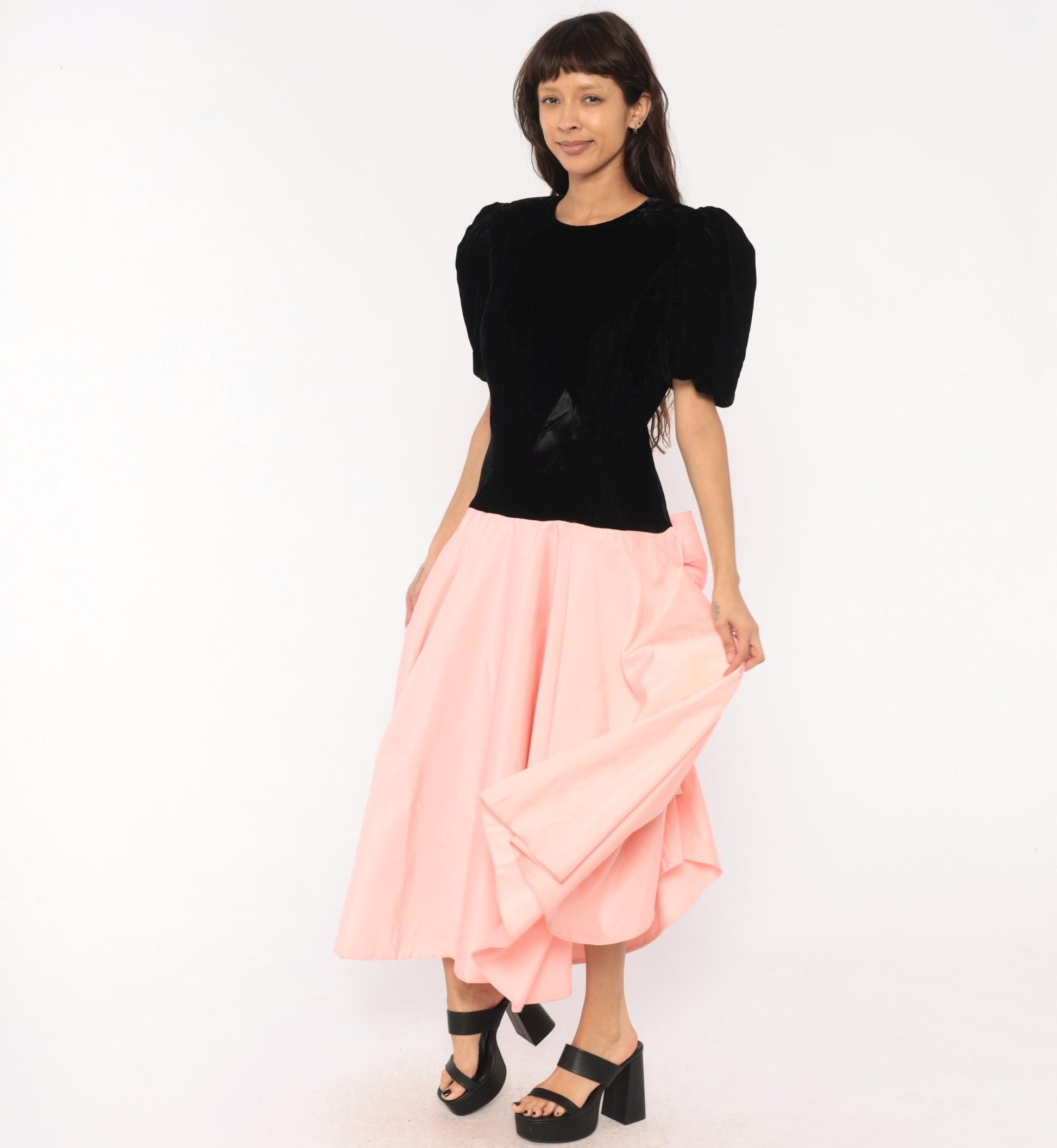 80s S.G. Gilbert Black Velvet Puff Sleeve Maxi Dress Pink Satin Bow Large