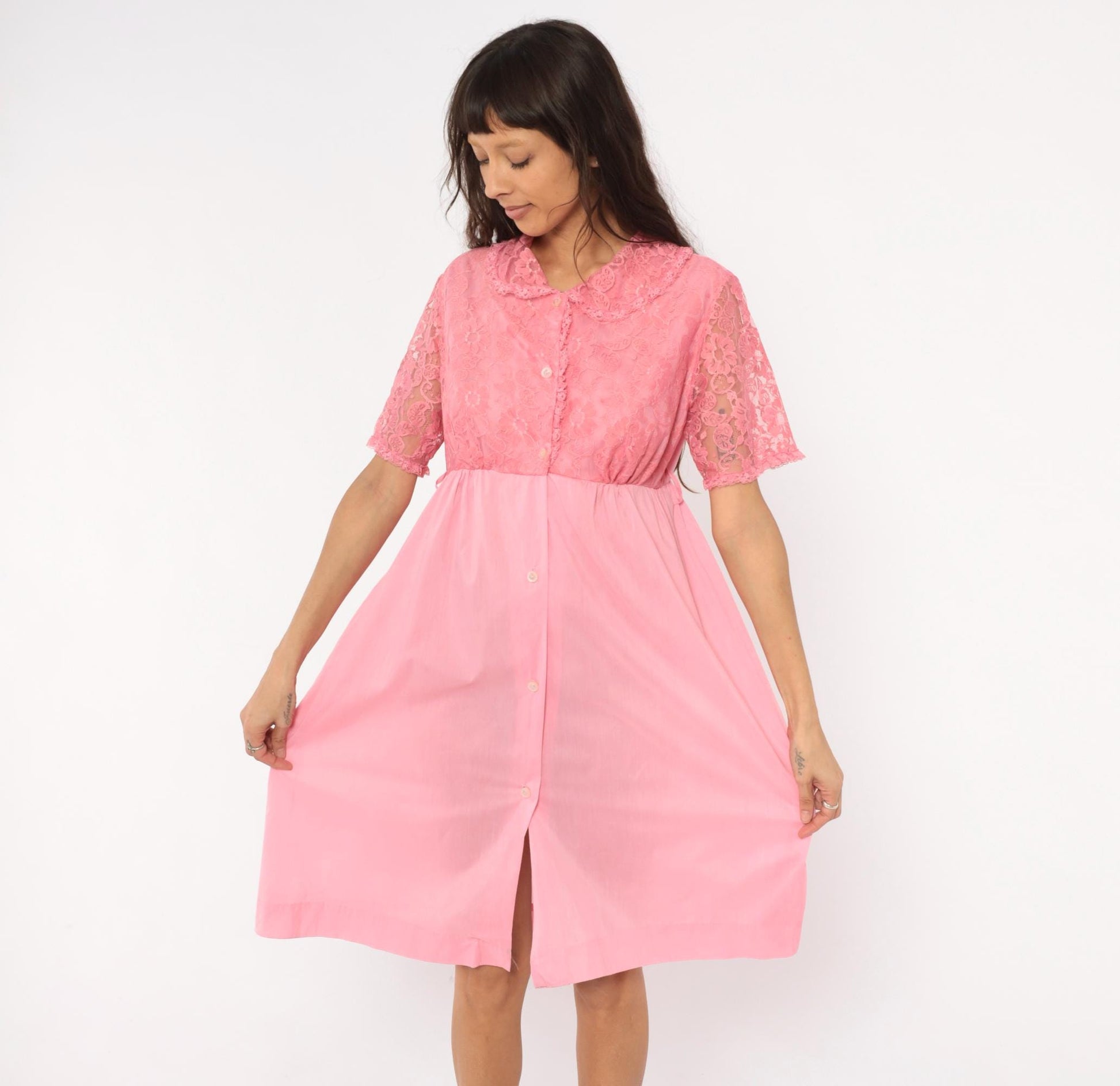 80s Pink Lace Housecoat Button Front Floral Nightgown Large L