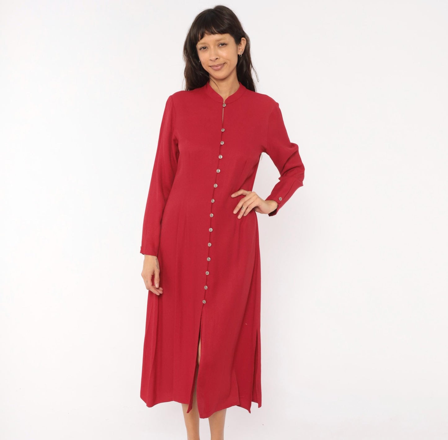 90s Coldwater Creek Cranberry Midi Dress Mandarin Collar Button Front Medium