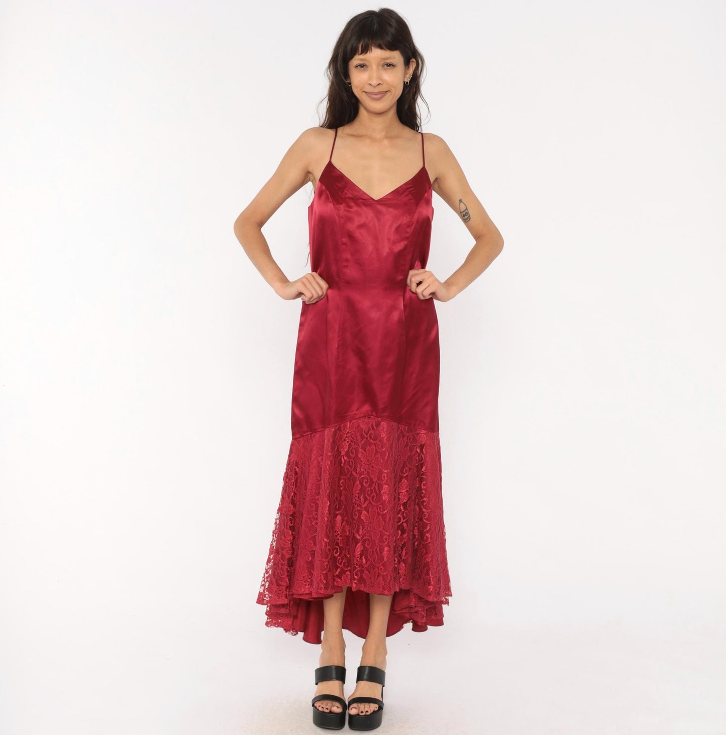 80s Burgundy Satin Slip Dress Mermaid Lace Hem V Neck Low Back Large L