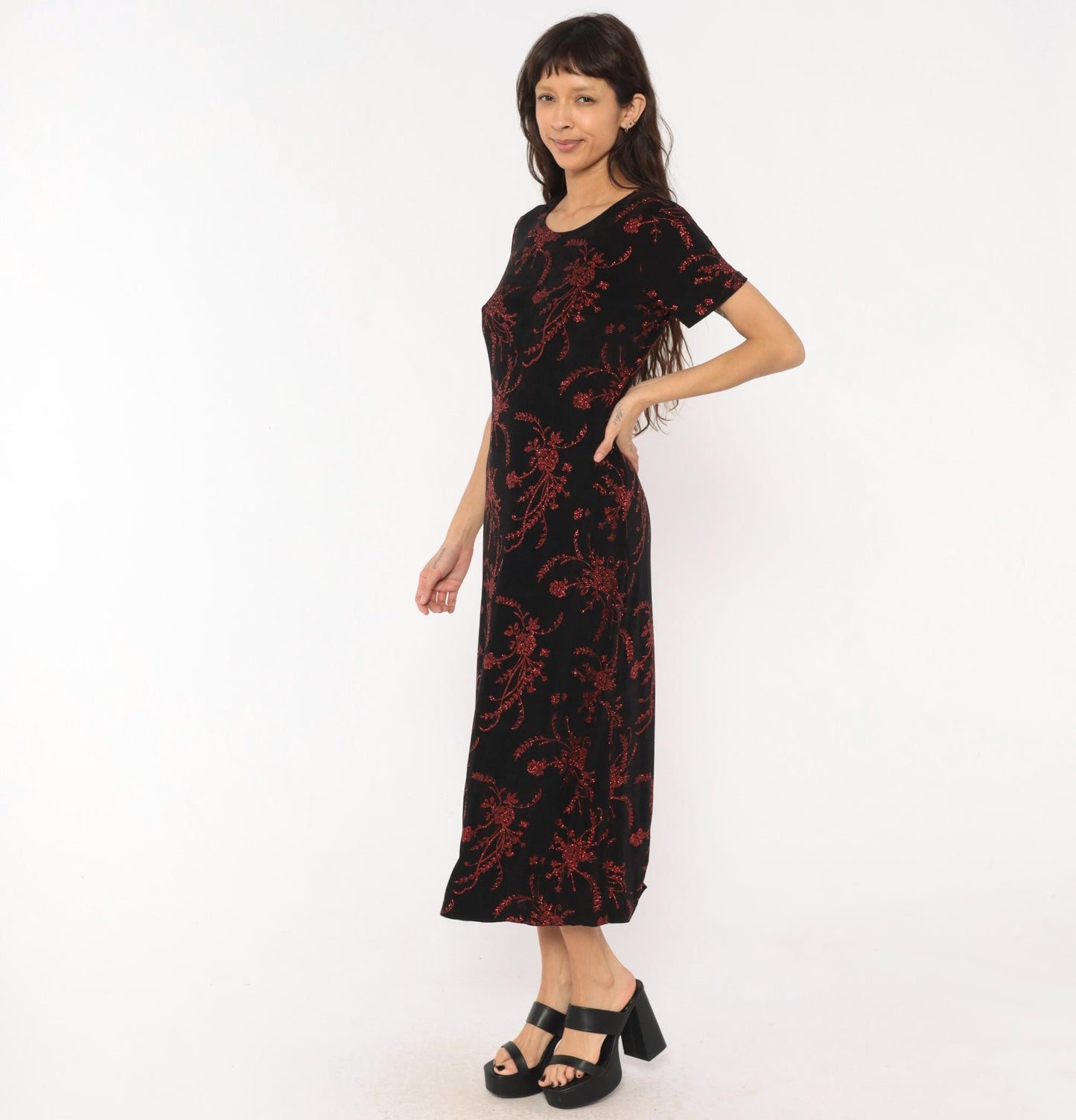 90s Black Maxi Dress Red Glitter Floral Print Short Sleeve Scoop Neck Medium Large