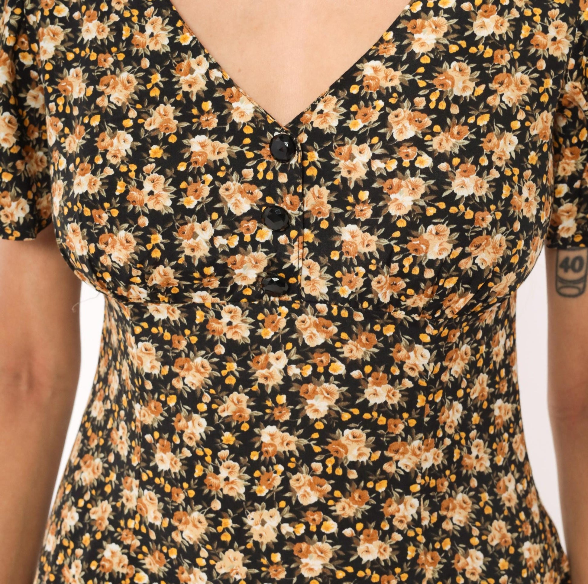 90s Contempo Casuals Floral Mini Dress Black Peach Rose V-Neck Flutter Sleeve Small S