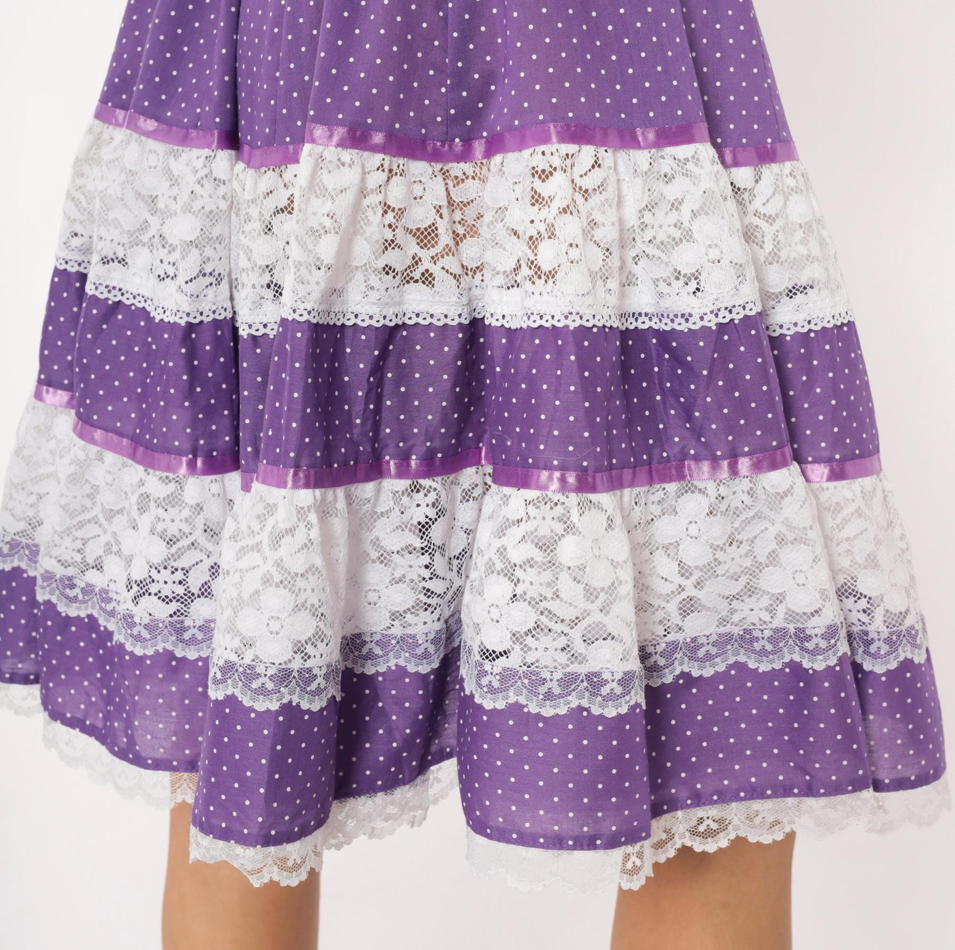 80s Purple Polka Dot Tiered Skirt Carefree Fashions Lace Trim Cotton Medium