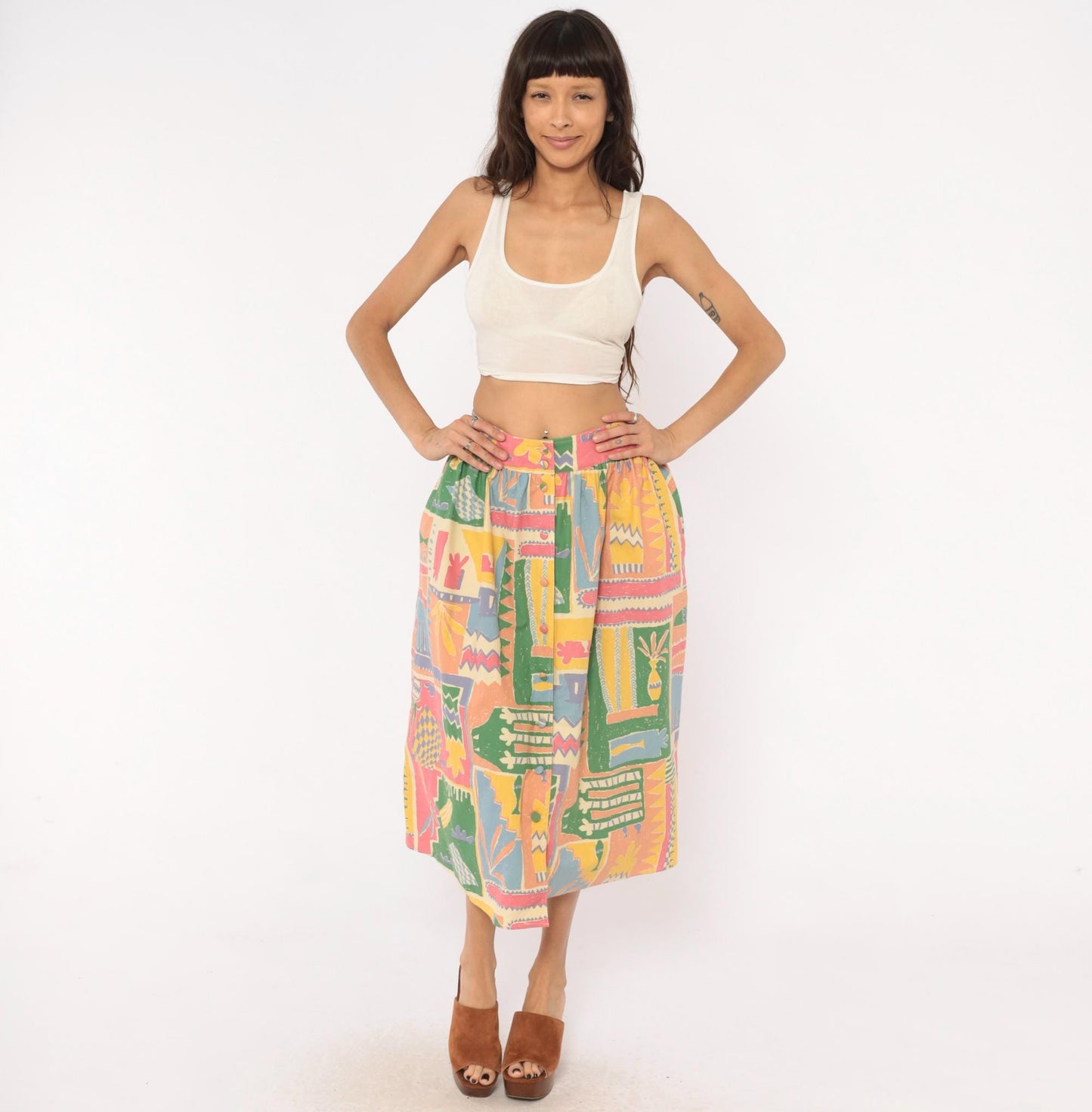 90s Laura Ashley Abstract Print Midi Skirt Cotton Button Front Multicolor Medium