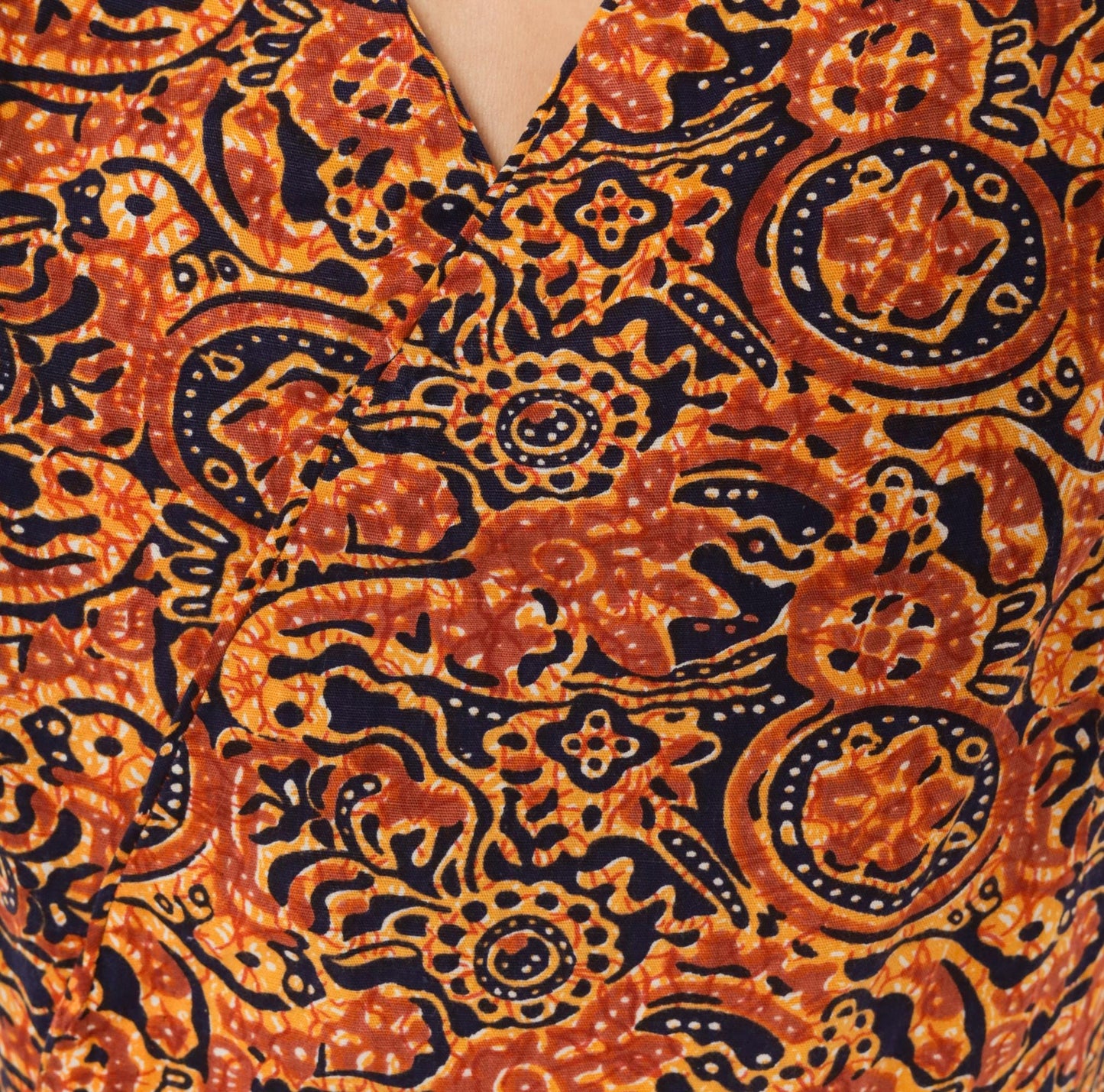 70s Batik Sundress Navy Rust Brown Paisley Floral Cotton V-Neck Medium M