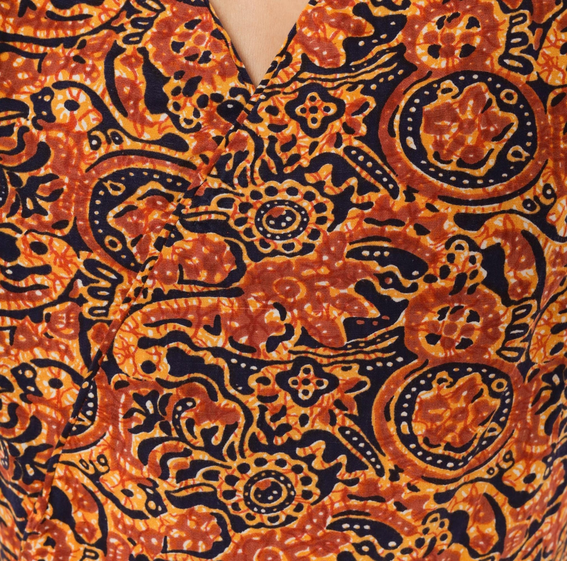 70s Batik Sundress Navy Rust Brown Paisley Floral Cotton V-Neck Medium M