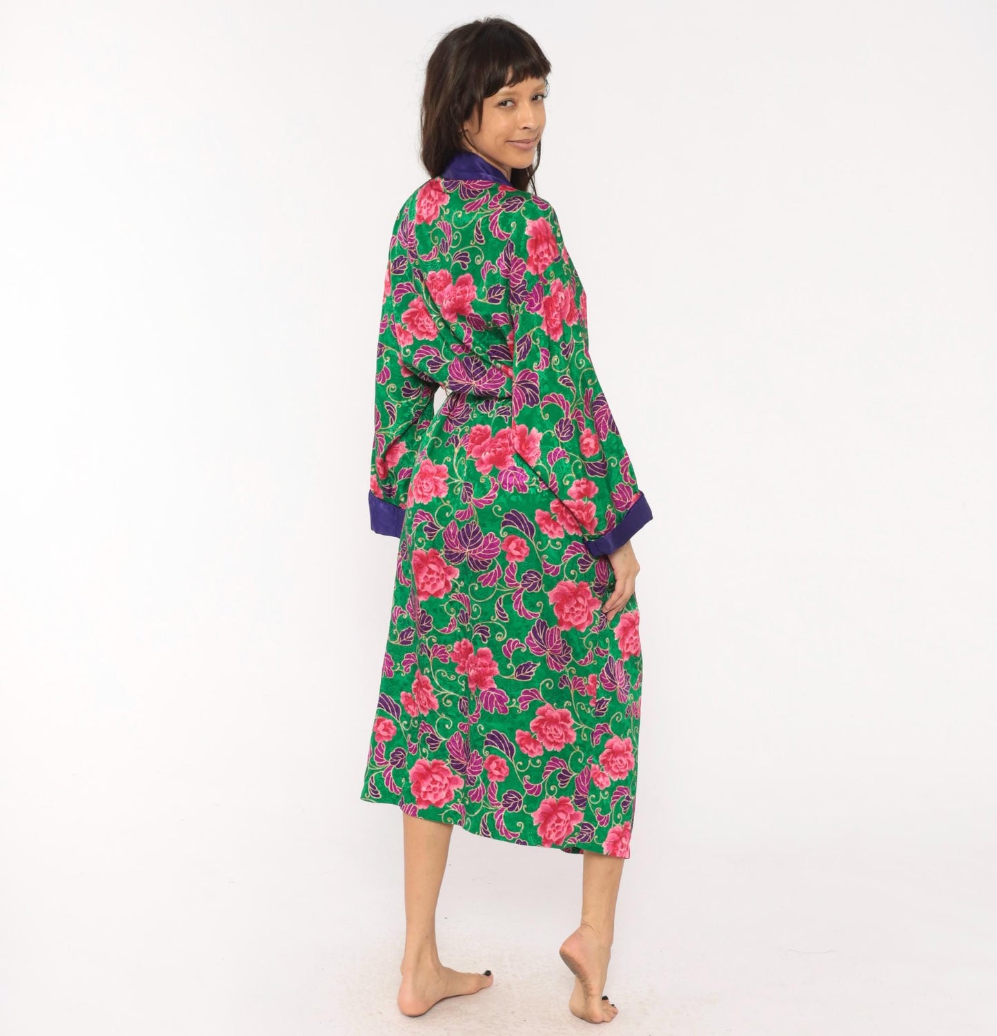 90s Victoria's Secret Green Floral Kimono Robe Satin Trim Medium Large