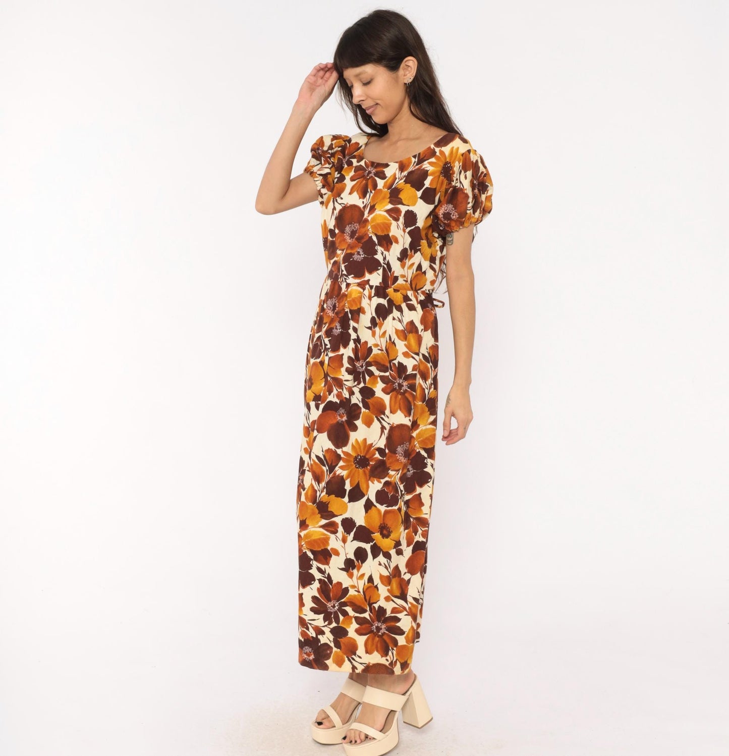 70s Floral Maxi Dress Brown Puff Sleeve Empire Waist Cotton Large L