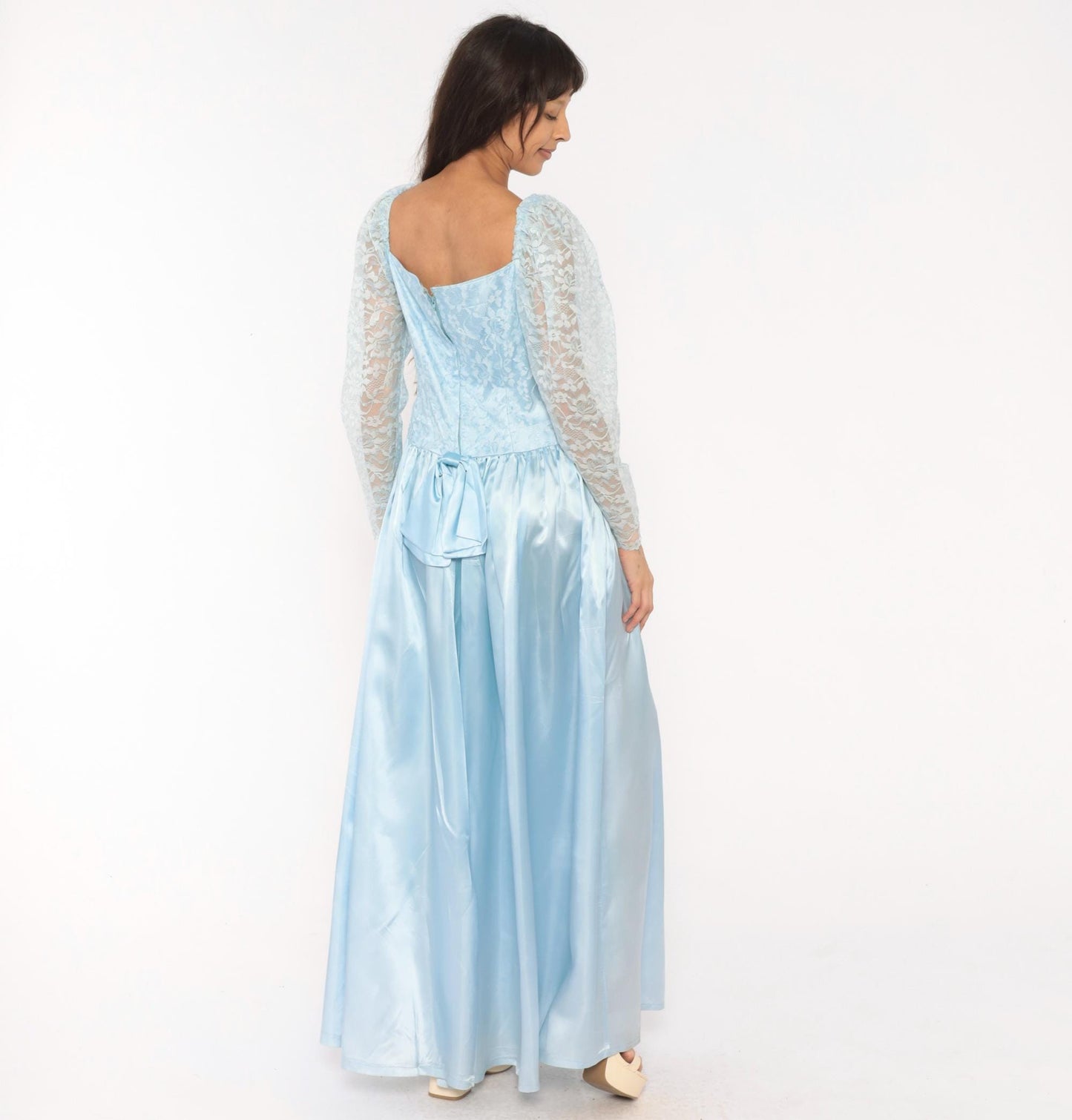 80s Sky Blue Lace Maxi Gown Sweetheart Neckline Drop Waist Bow Back Large L