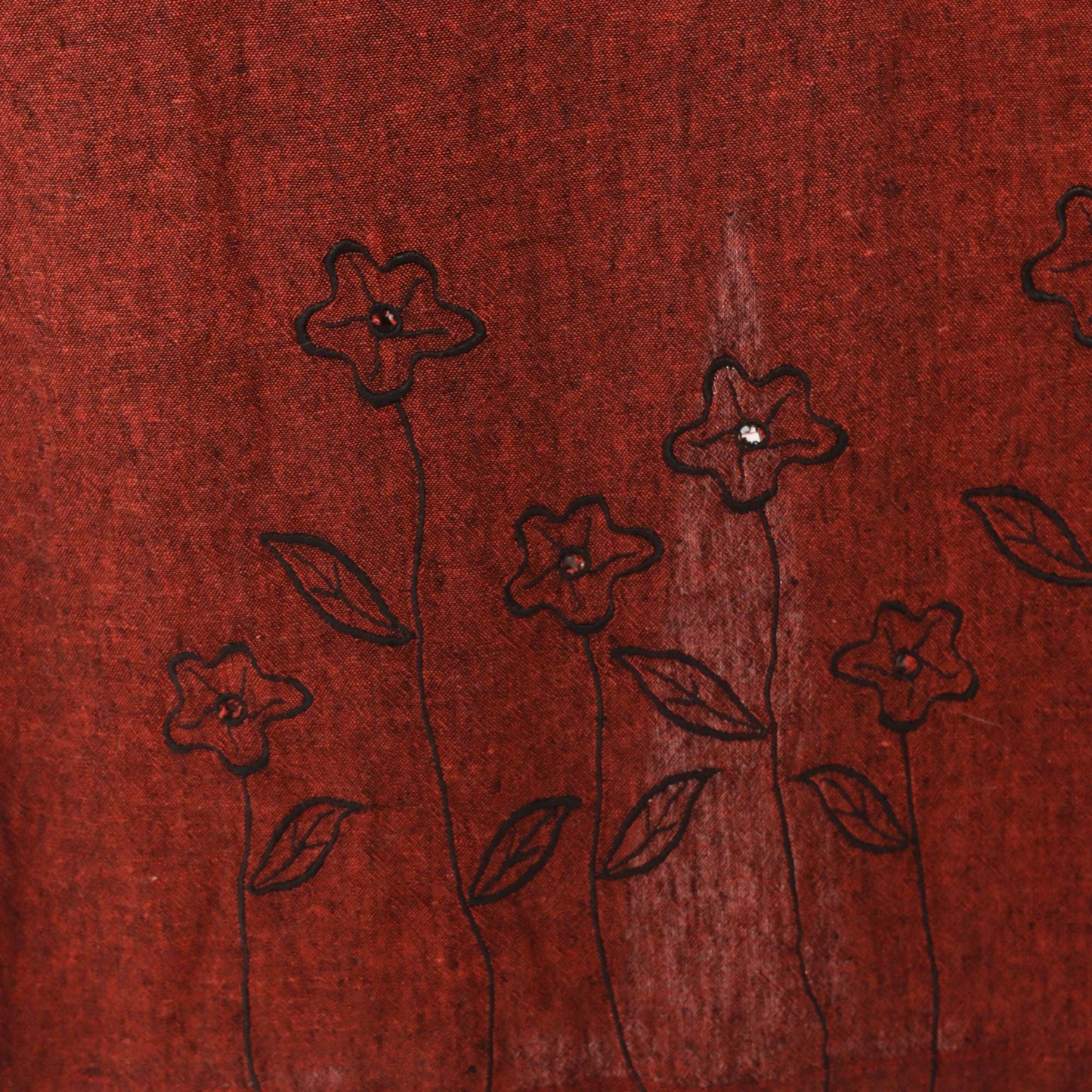 90s Country Wear Casuals Burgundy Linen Maxi Dress Floral Embroidery Large Petite
