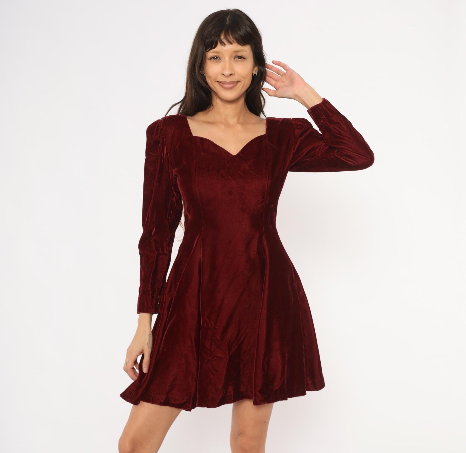 90s Perspective Burgundy Velvet Mini Dress Sweetheart Neckline Puff Sleeve Small S